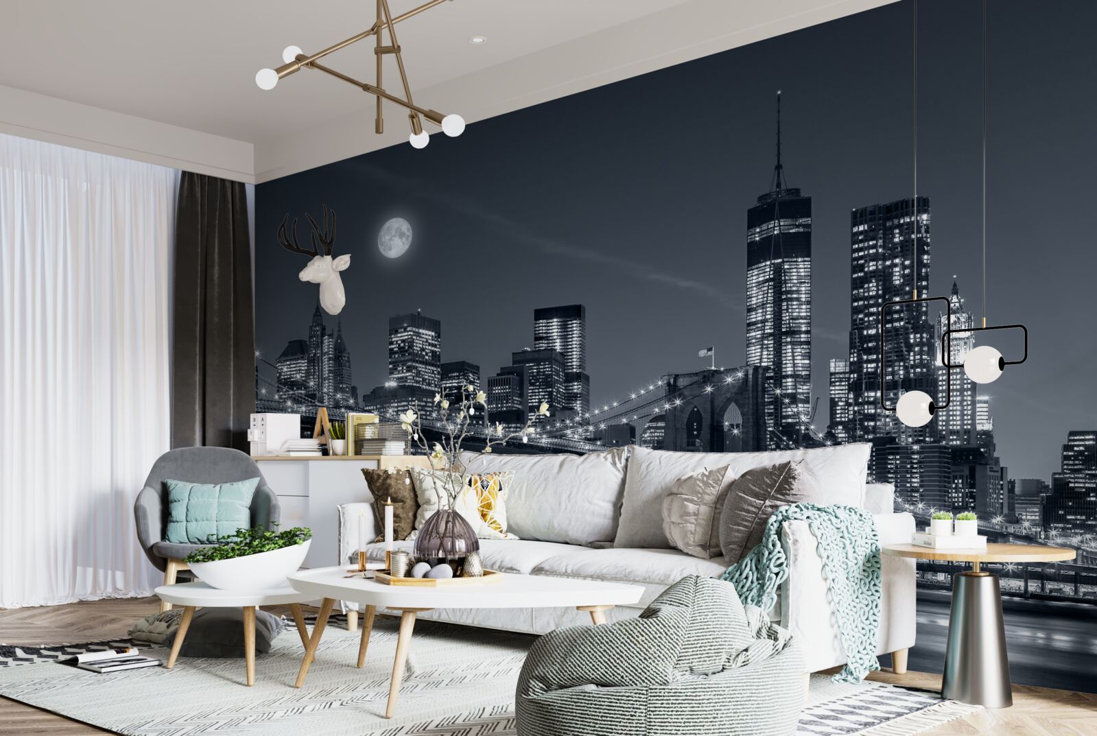 Fototapet new york alb-negru în lumina lunii pline