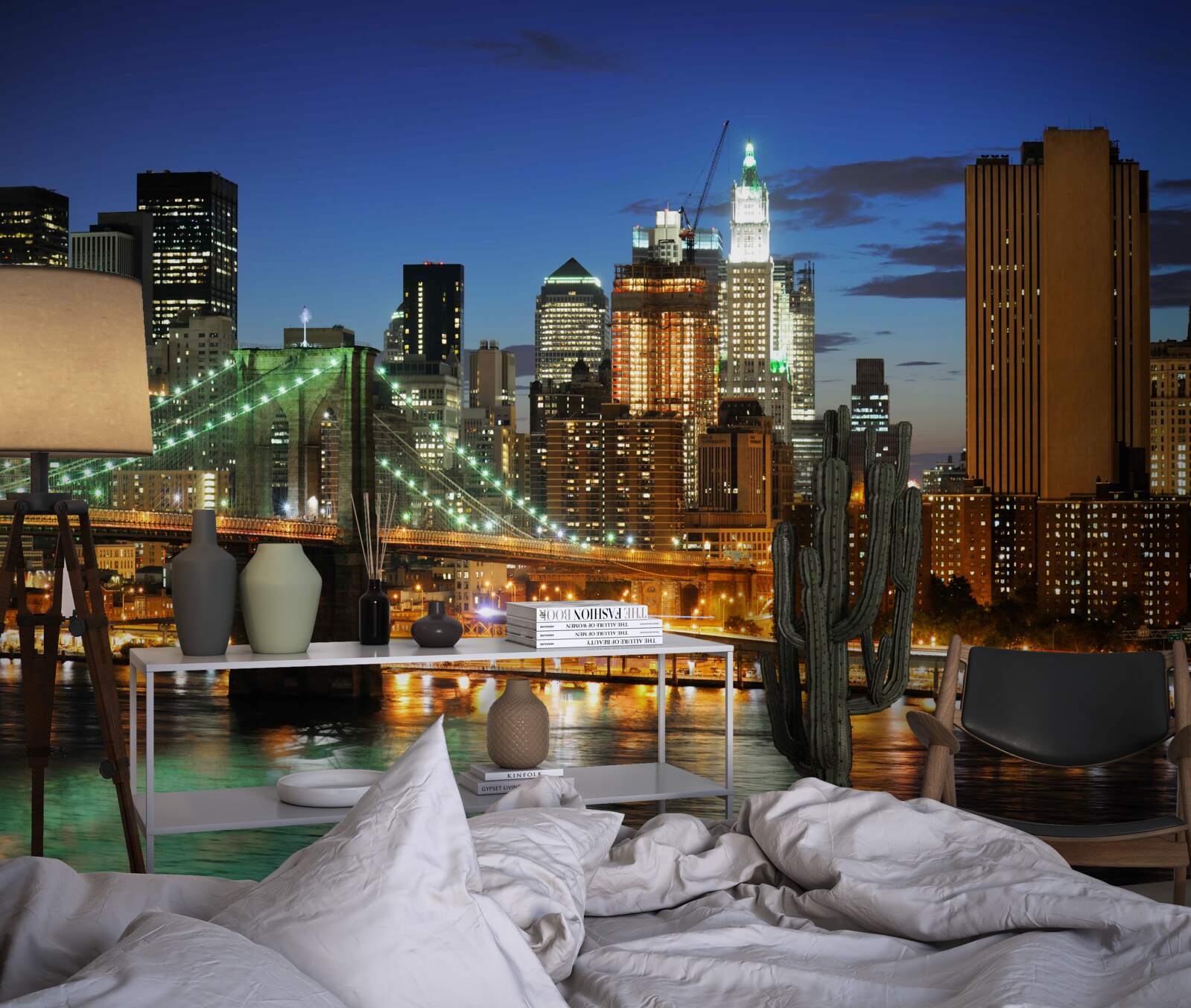 Fototapet panorama orasului new york noaptea de pe malul opus