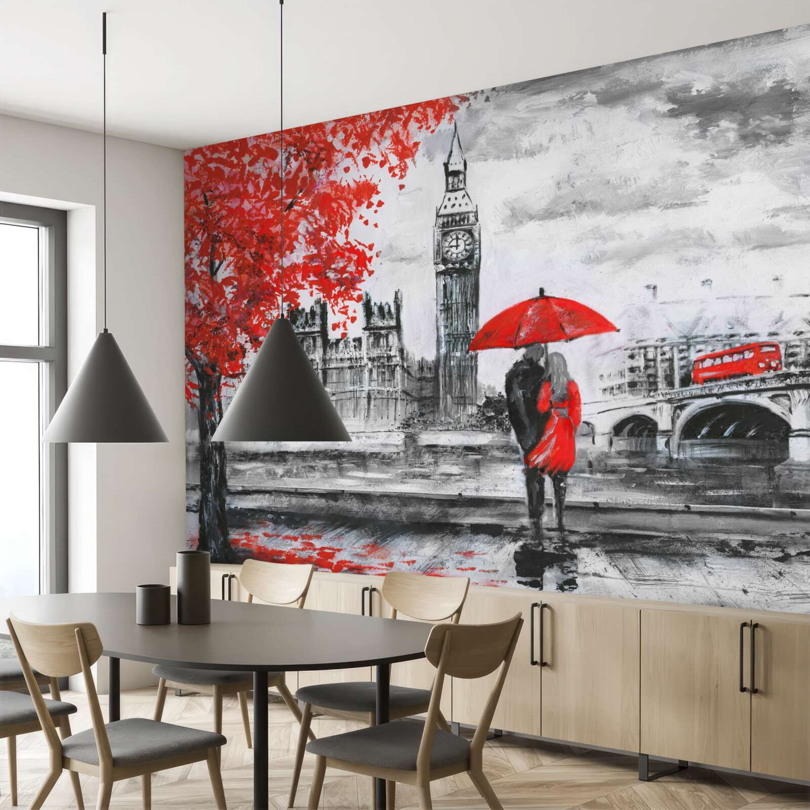 Fototapet doi oameni sub o umbrelă stacojie se uită la Big Ben