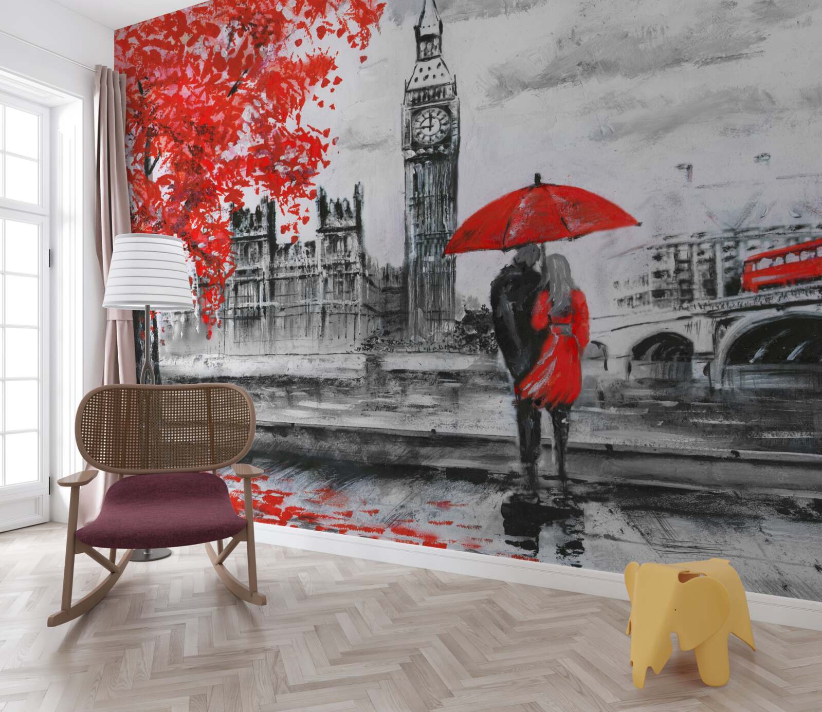 Fototapet doi oameni sub o umbrelă stacojie se uită la Big Ben