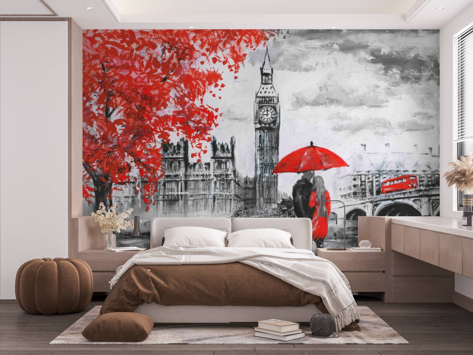 Fototapet doi oameni sub o umbrelă stacojie se uită la Big Ben