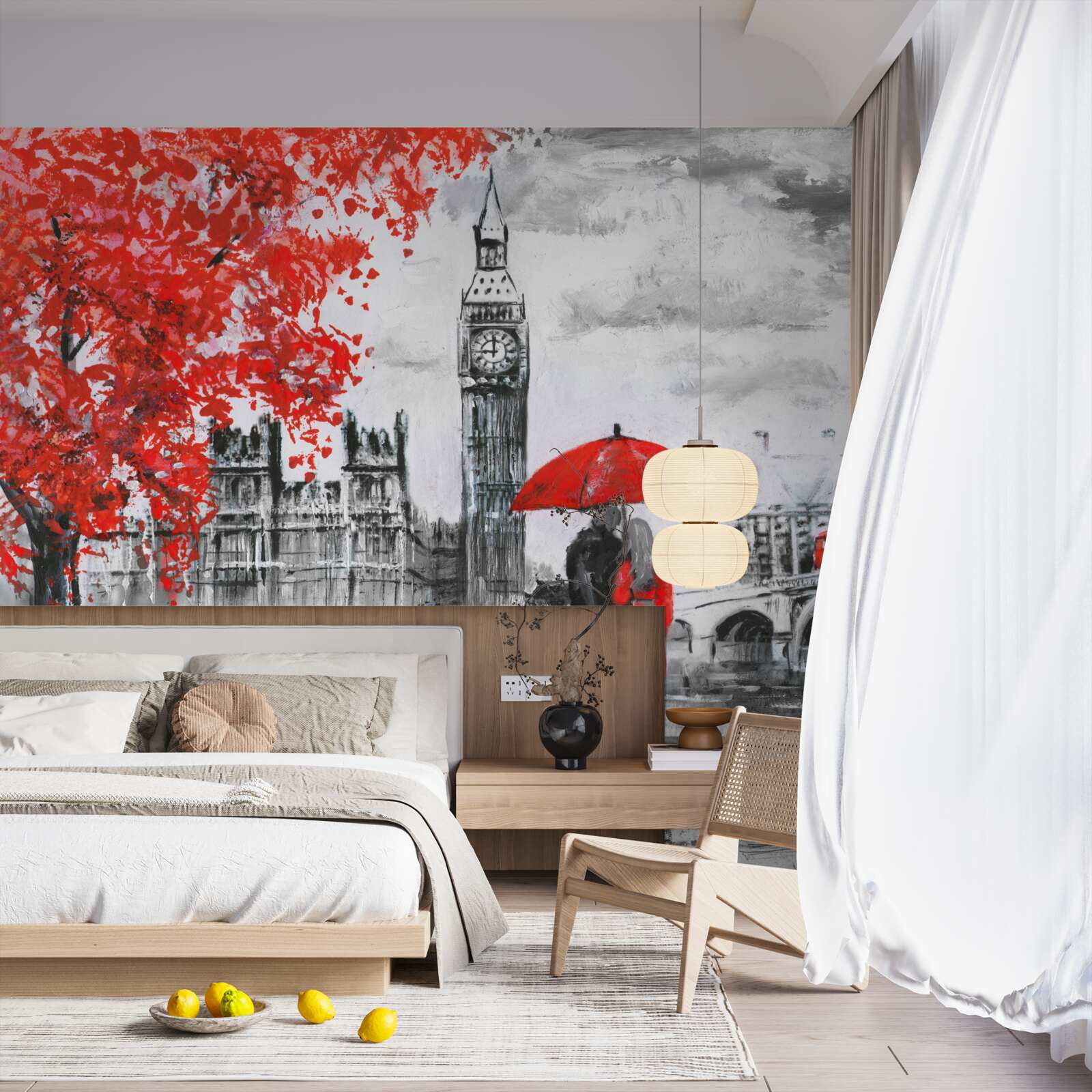 Fototapet doi oameni sub o umbrelă stacojie se uită la Big Ben