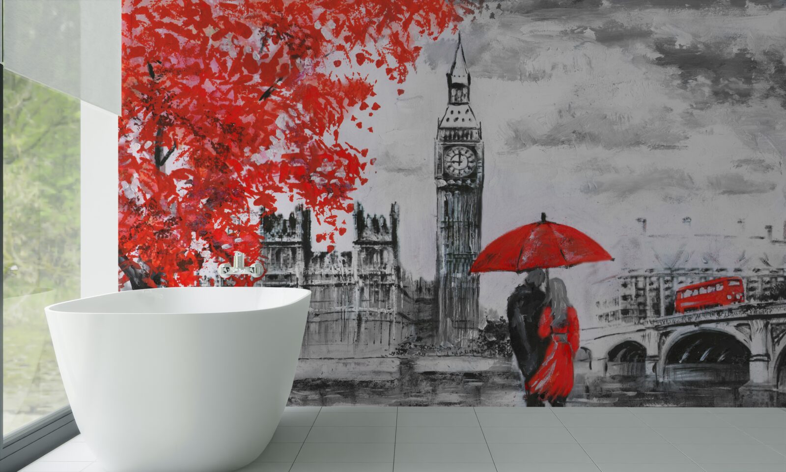 Fototapet doi oameni sub o umbrelă stacojie se uită la Big Ben