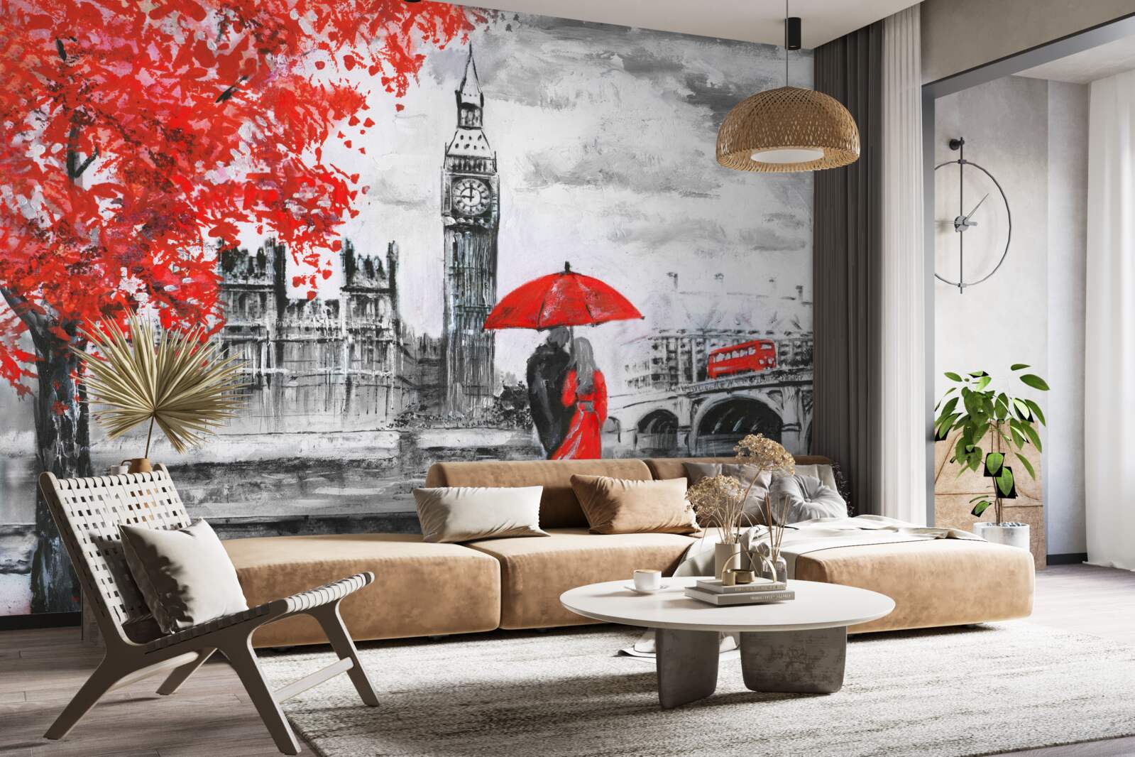 Fototapet doi oameni sub o umbrelă stacojie se uită la Big Ben