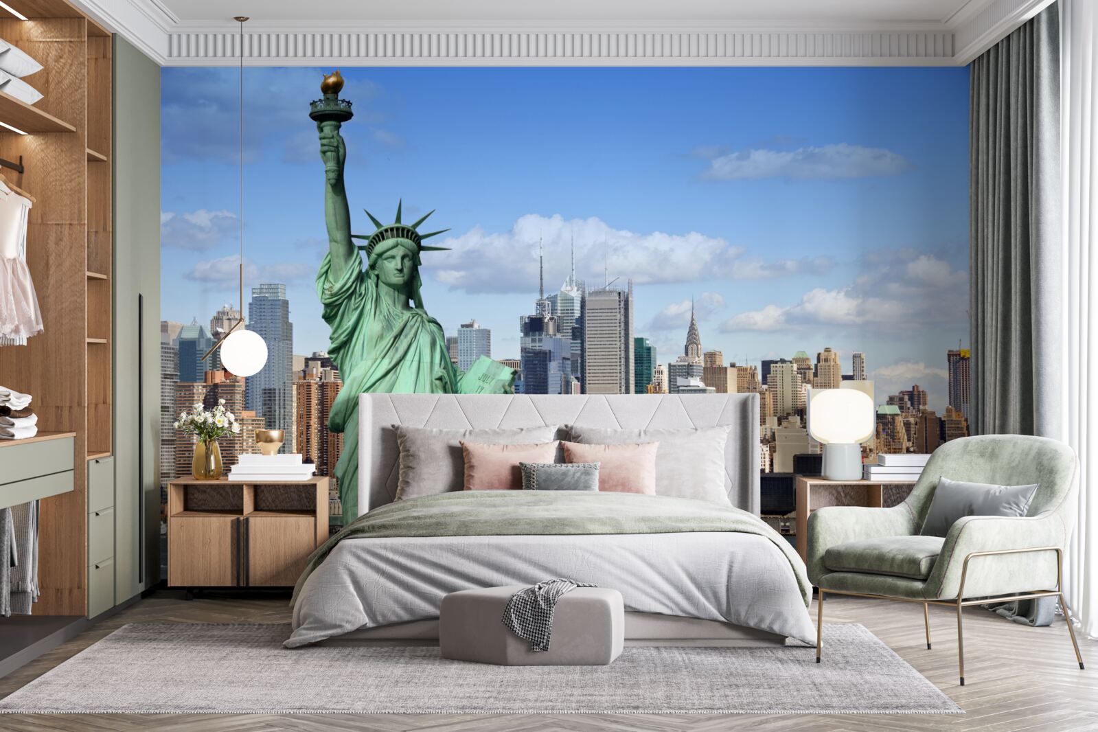 Fototapet statuia libertății în fundalul orașului new york