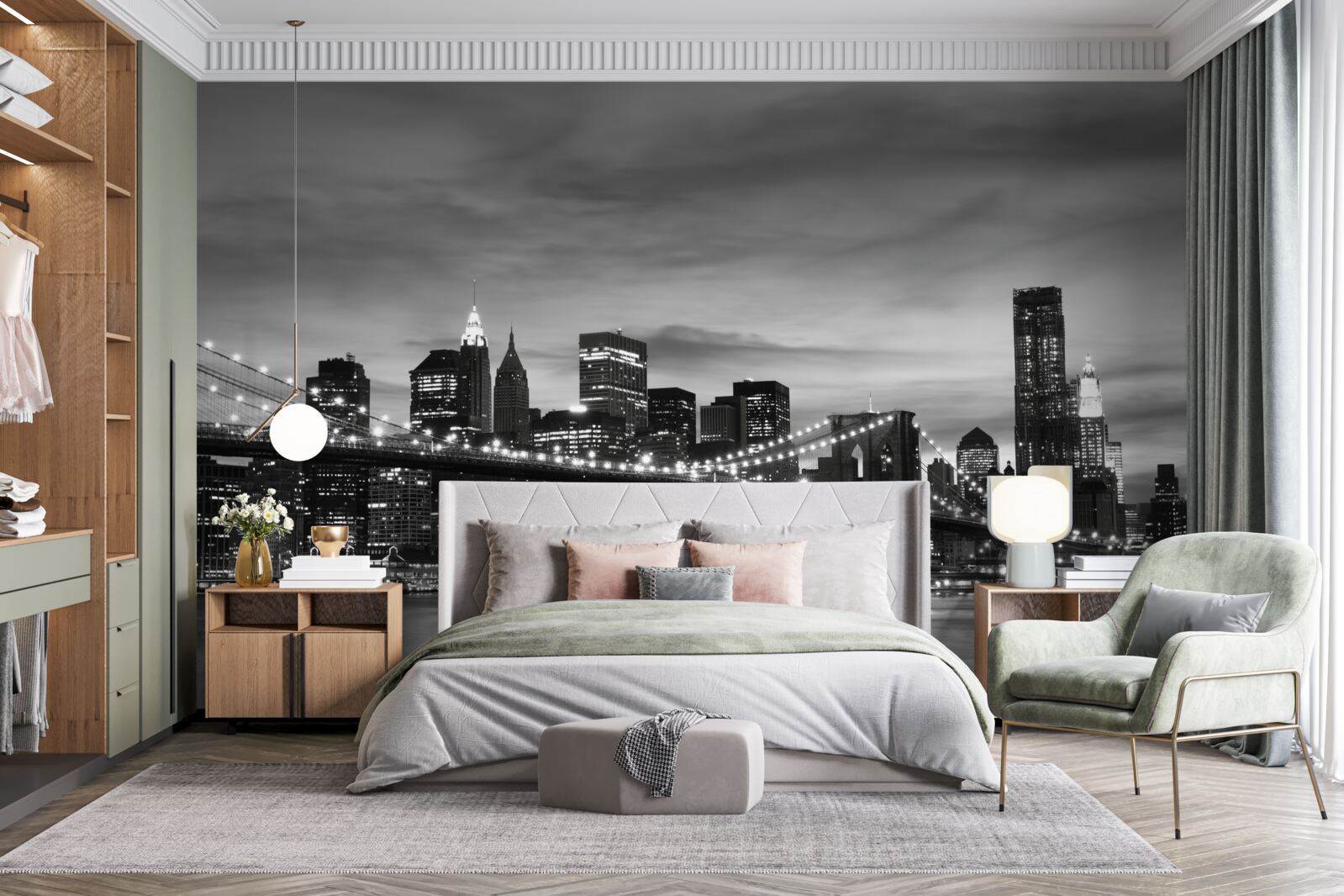 Fototapet turnuri în alb și negru și podul Brooklyn