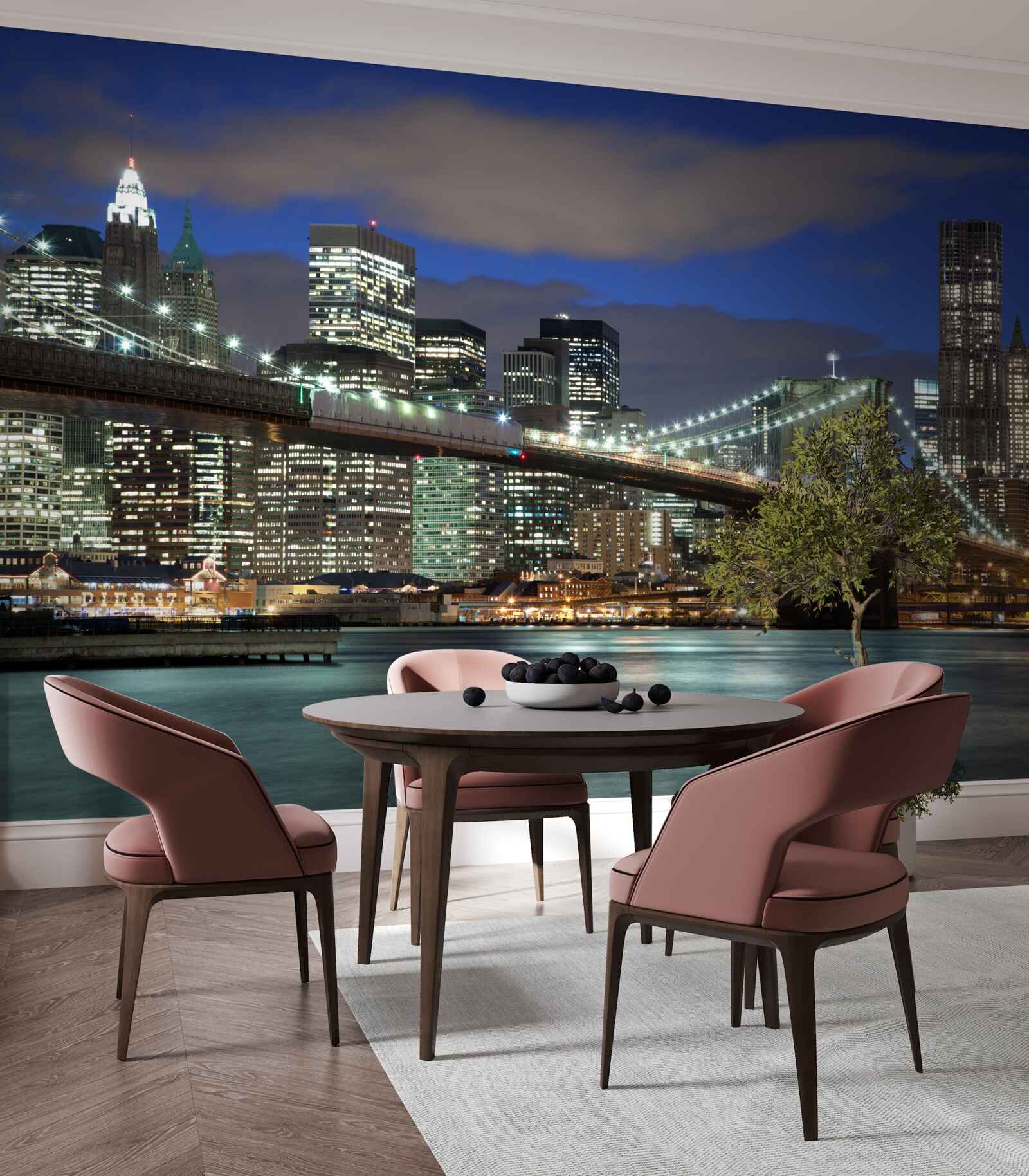 Fototapet orașul noaptea împodobește contururile podului Brooklyn