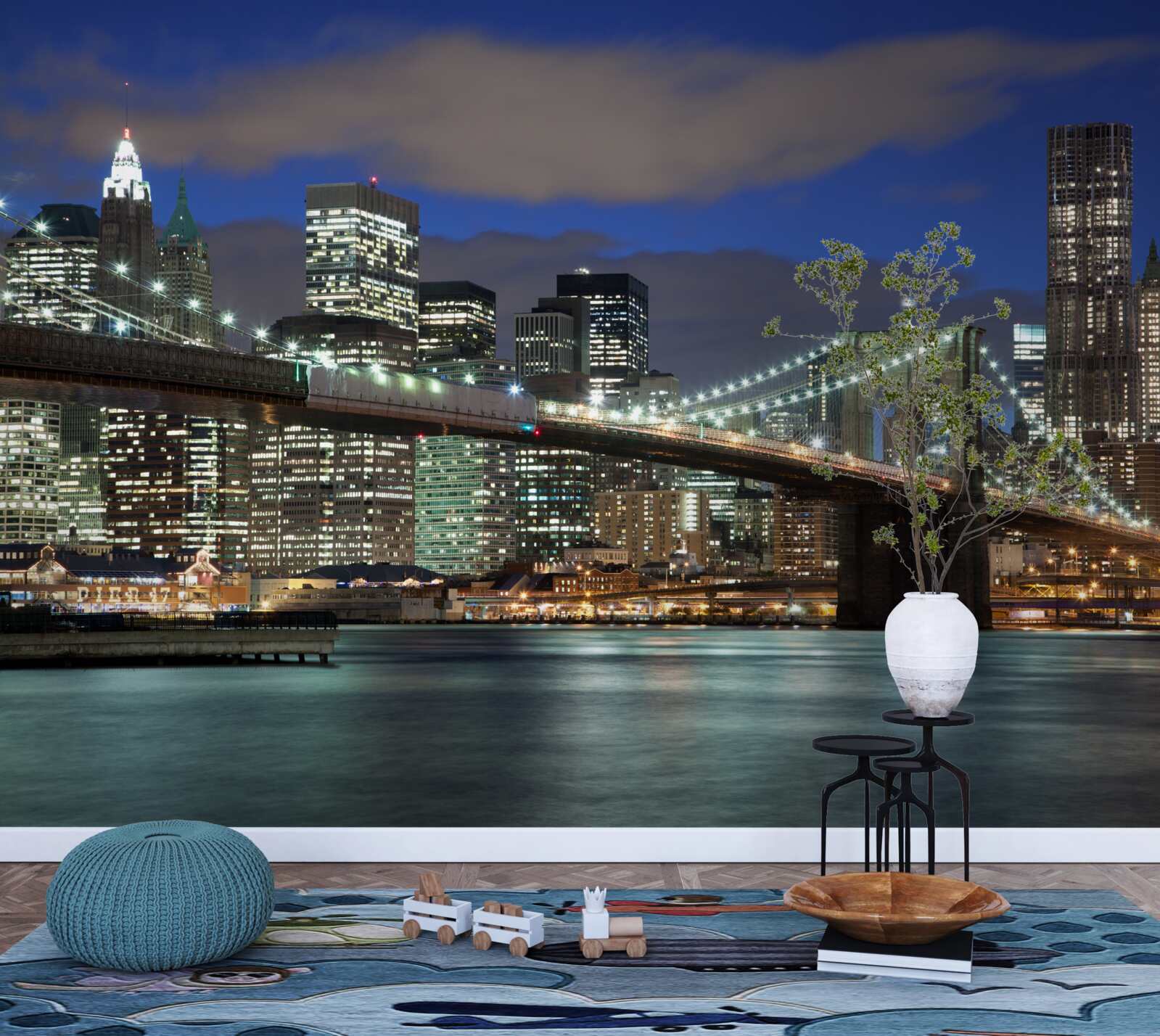 Fototapet orașul noaptea împodobește contururile podului Brooklyn