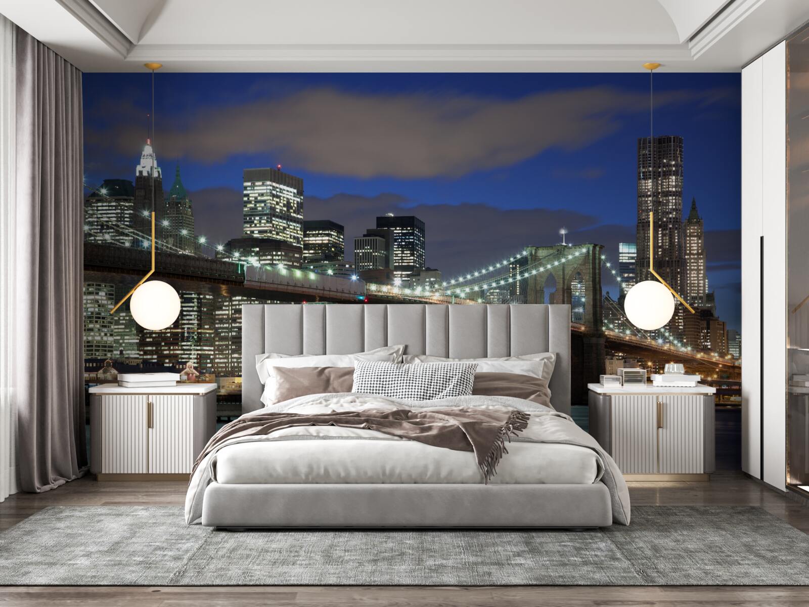 Fototapet orașul noaptea împodobește contururile podului Brooklyn