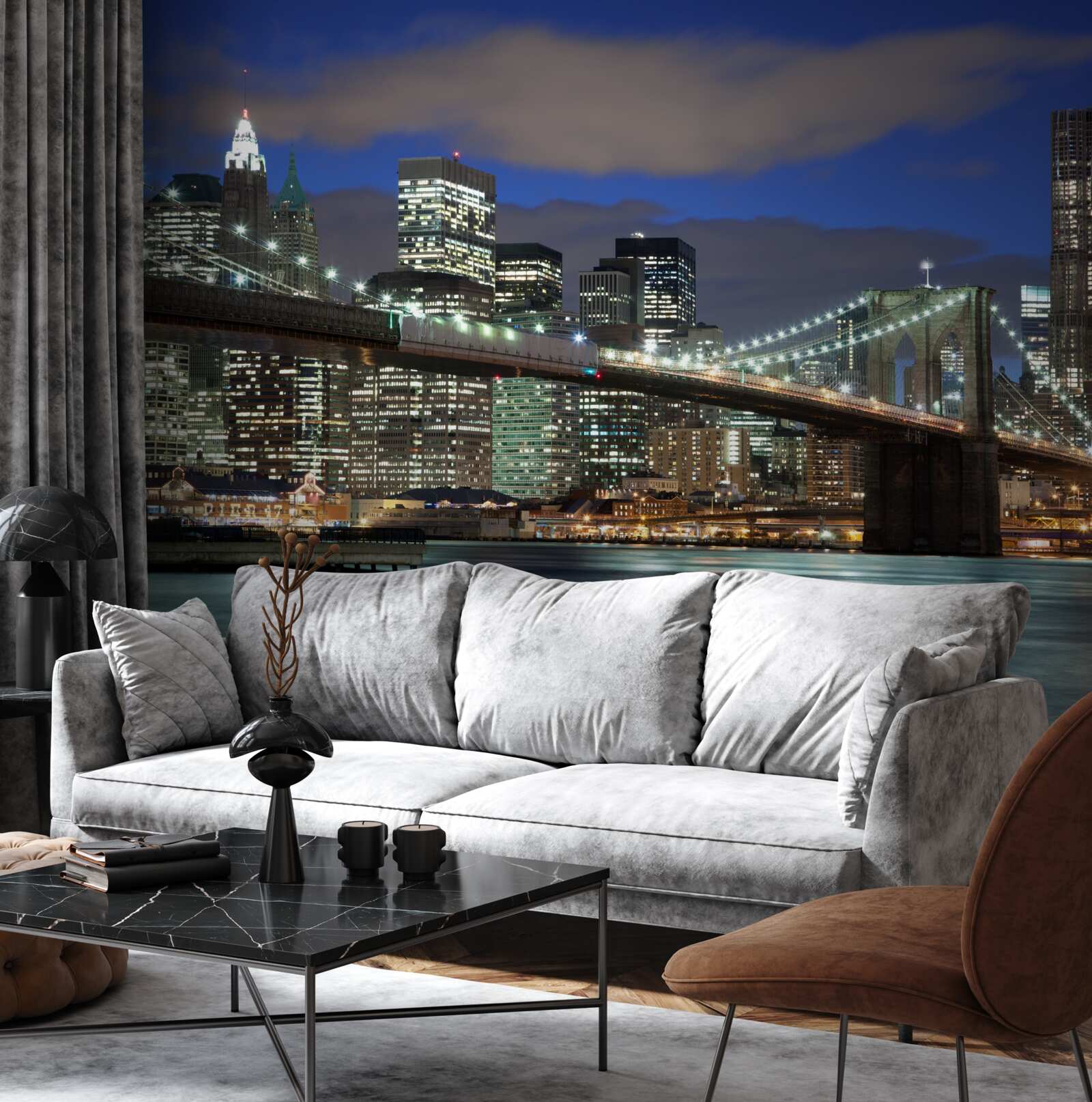 Fototapet orașul noaptea împodobește contururile podului Brooklyn