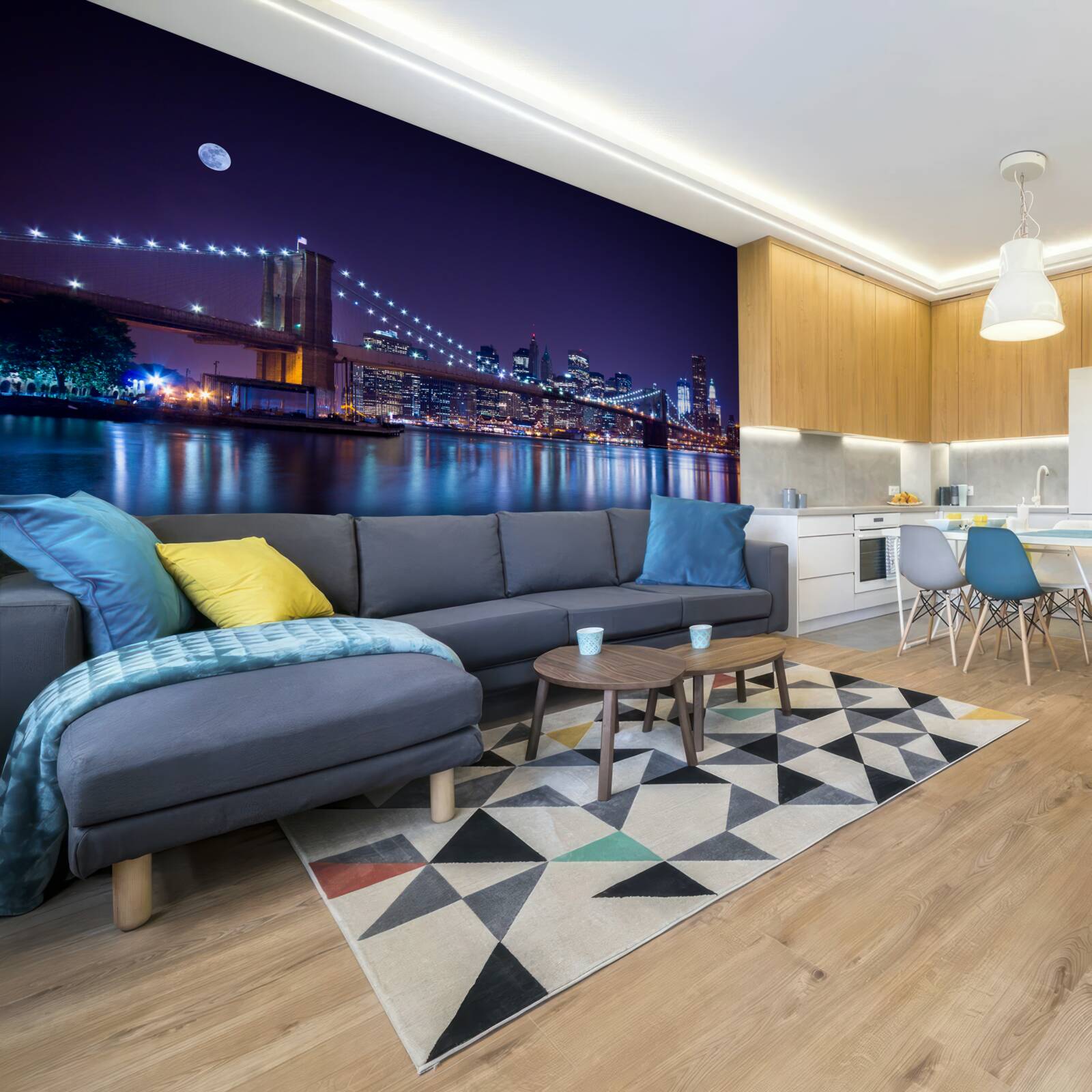 Fototapet reflecțiile luminilor nocturne ale orașului se reflectă în apă