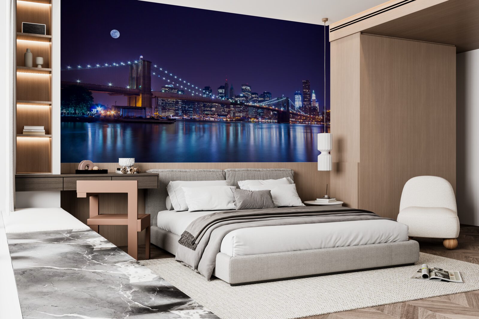 Fototapet reflecțiile luminilor nocturne ale orașului se reflectă în apă