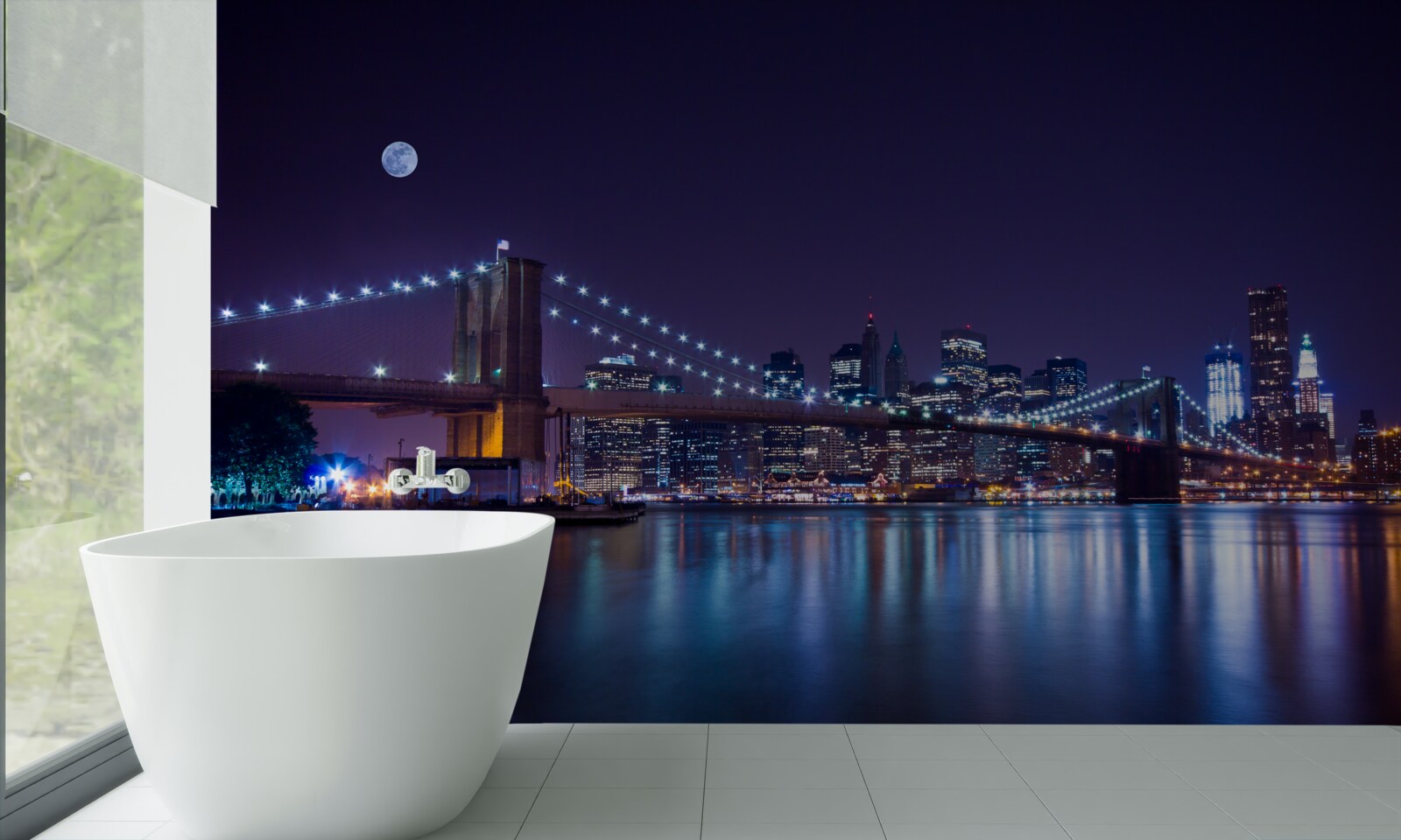 Fototapet reflecțiile luminilor nocturne ale orașului se reflectă în apă