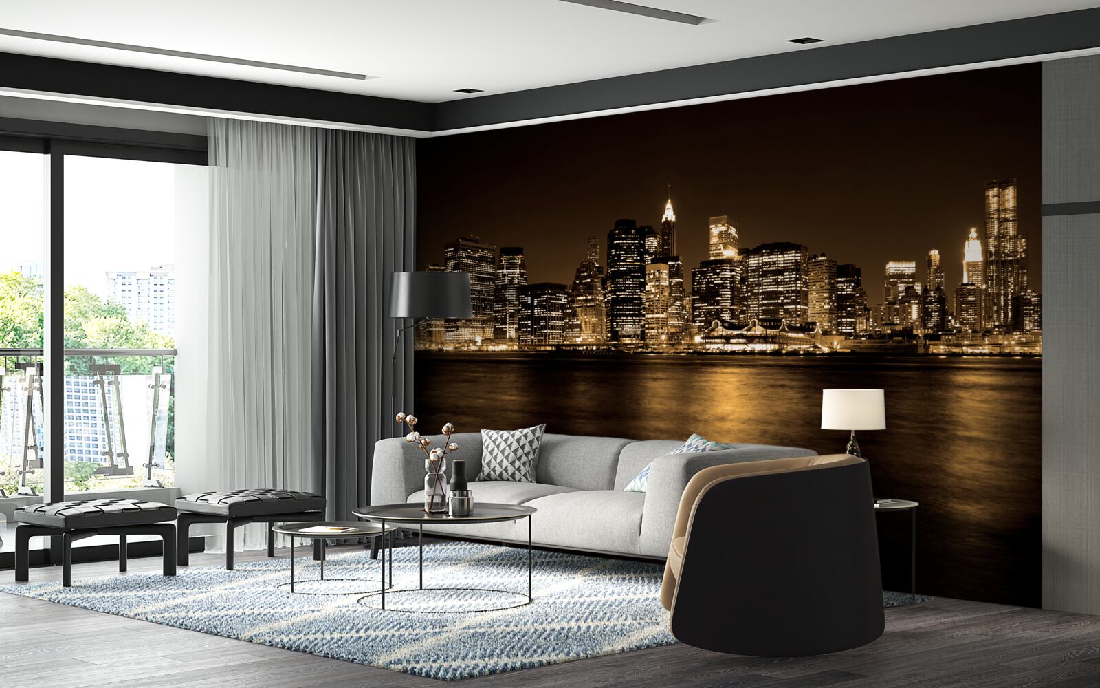 Fototapet un oraș modernizat sub un cer înstelat