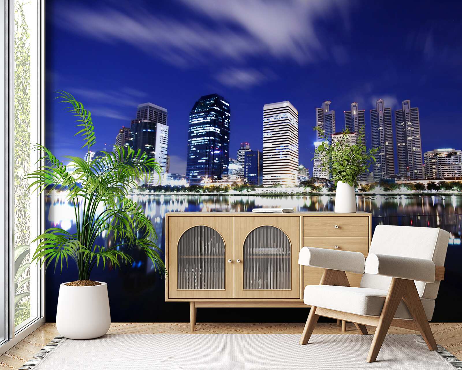 Fototapet reflecție a zgârie-norilor în apă noaptea