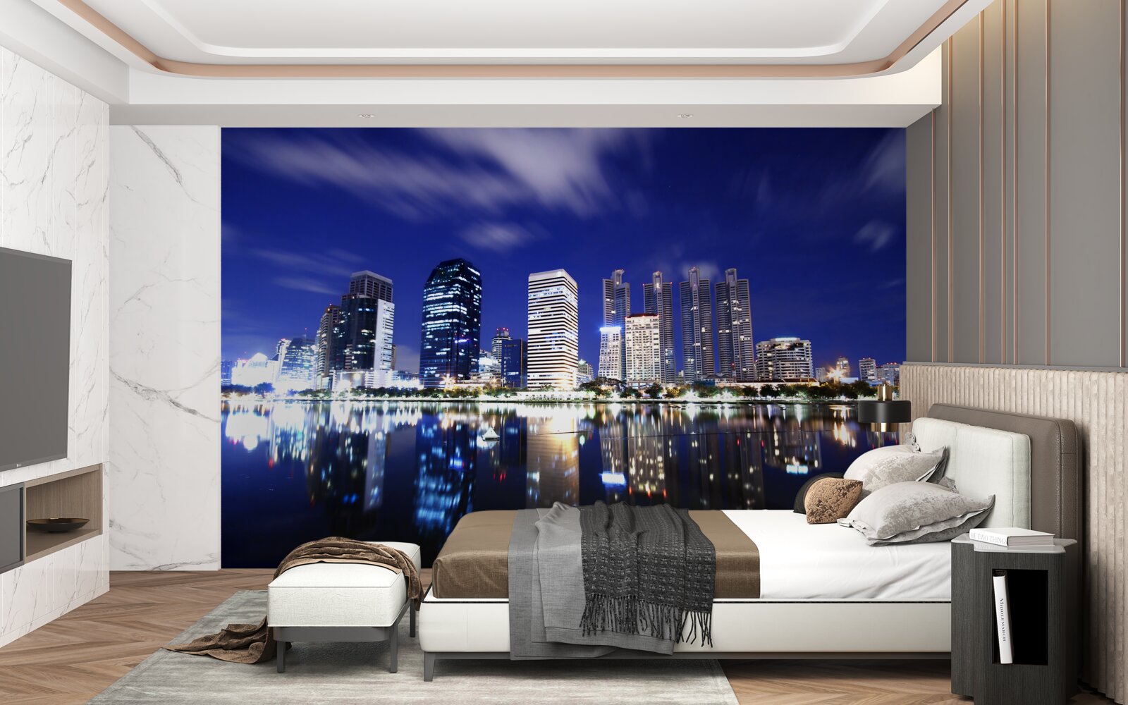 Fototapet reflecție a zgârie-norilor în apă noaptea