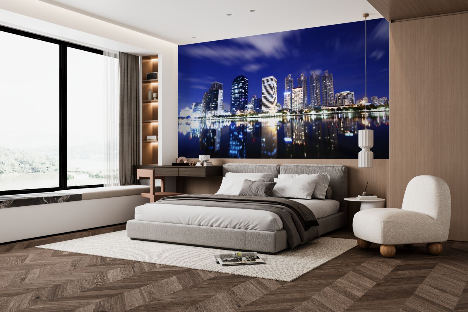 Fototapet reflecție a zgârie-norilor în apă noaptea