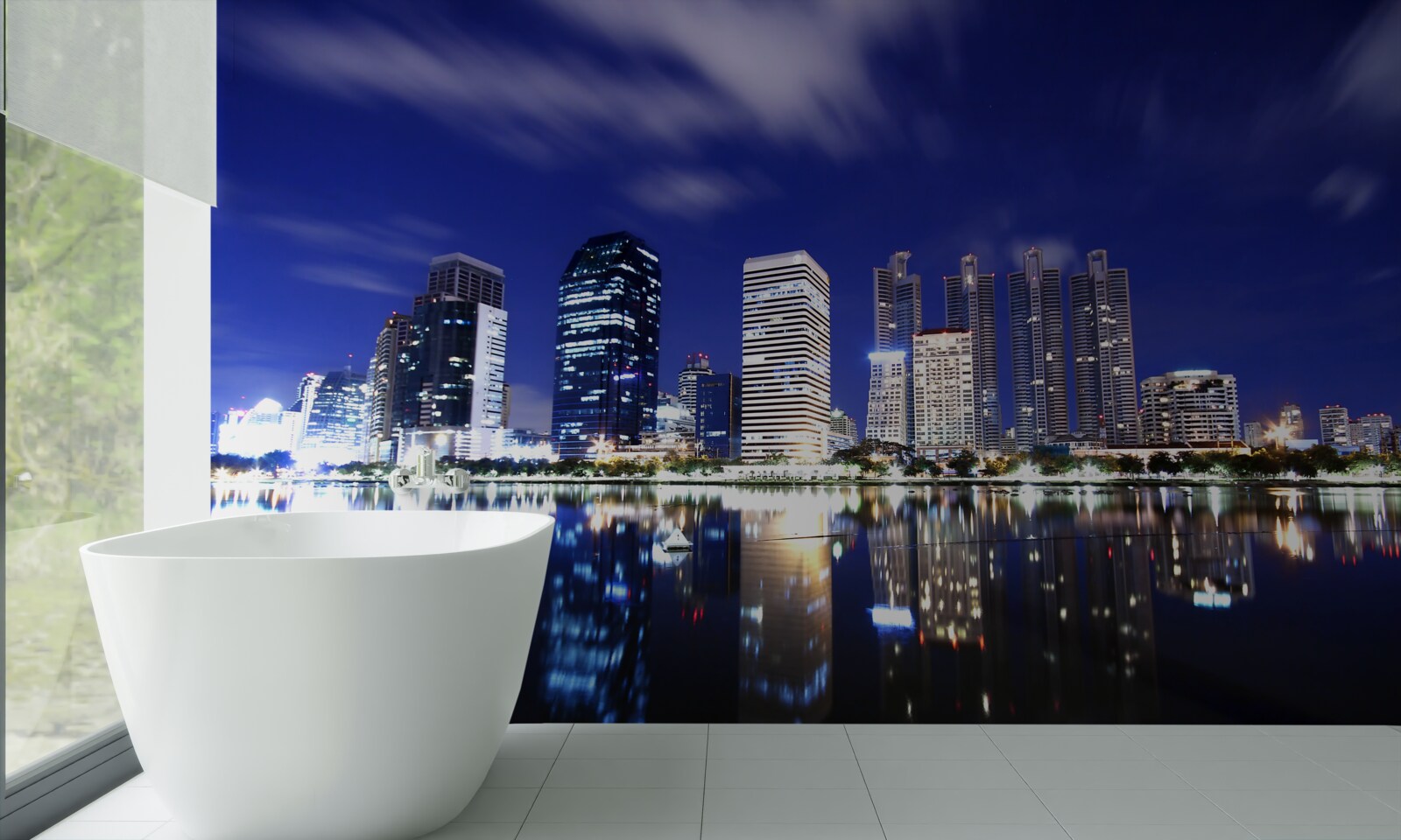 Fototapet reflecție a zgârie-norilor în apă noaptea