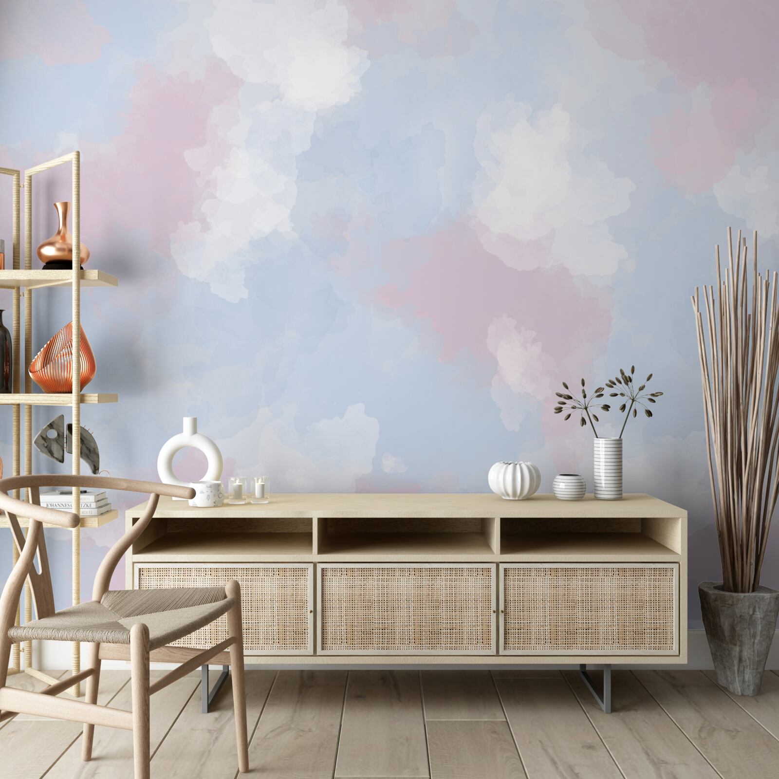 Fototapet cerul este decorat cu pete albastre și roz