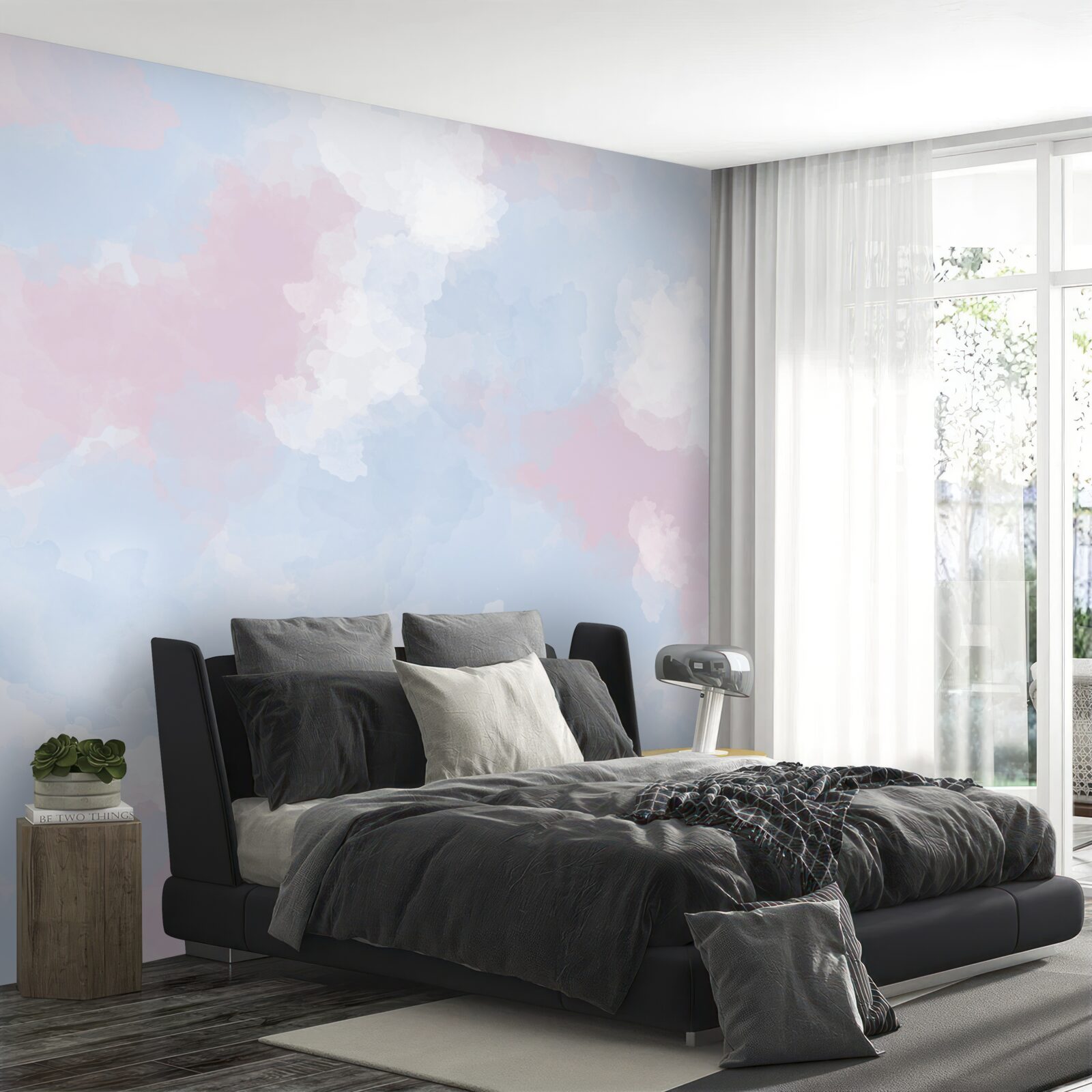 Fototapet cerul este decorat cu pete albastre și roz