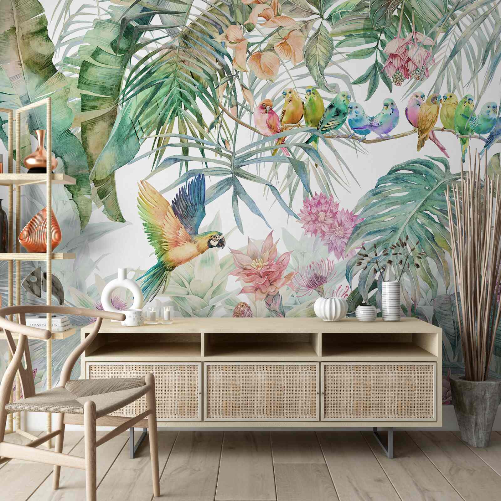 Fototapet o familie de papagali în pădurea tropicală