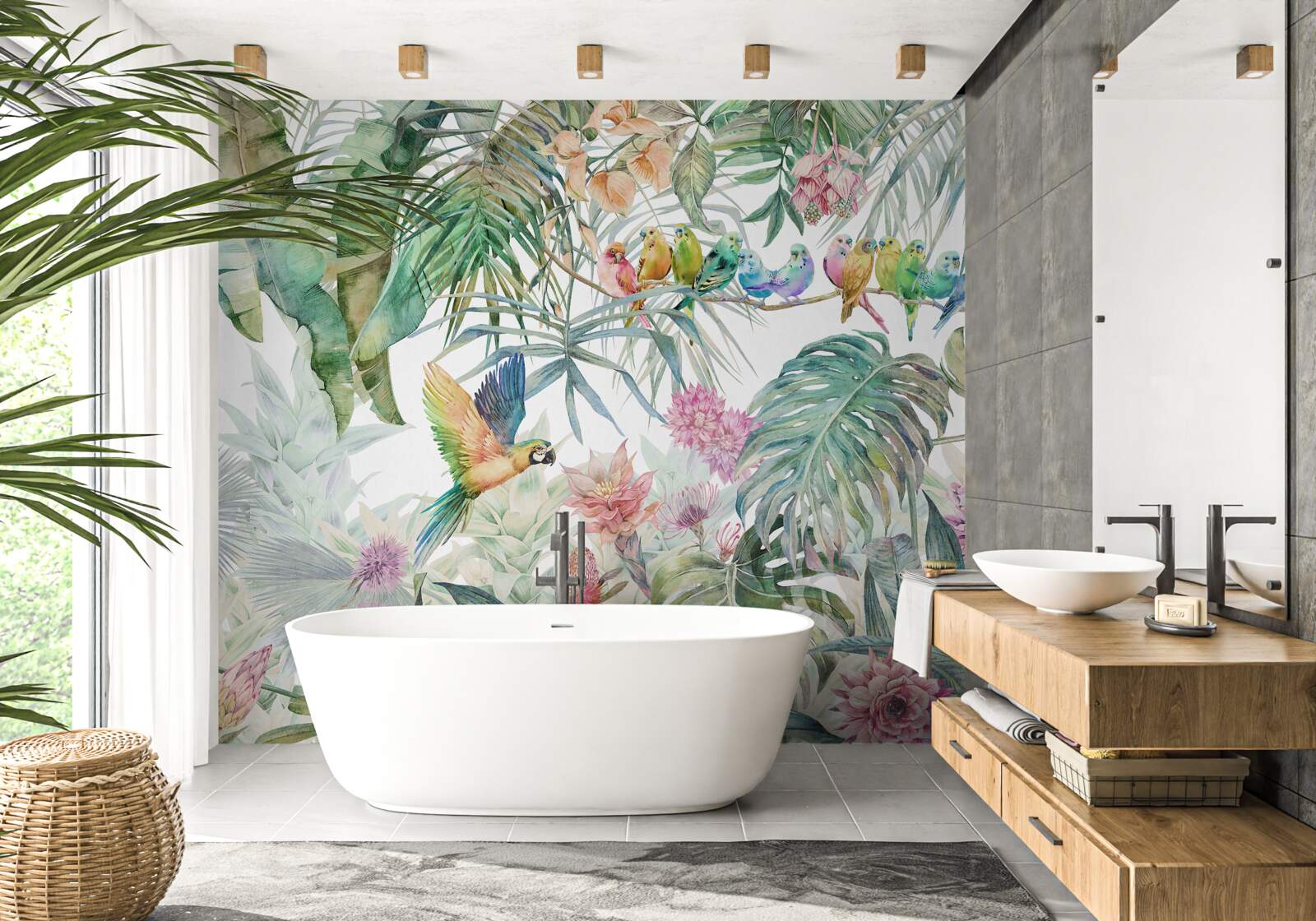 Fototapet o familie de papagali în pădurea tropicală