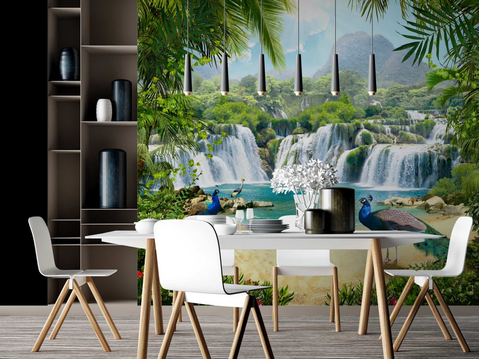 Fototapet cascadă în tropicele magice, casă a păunilor