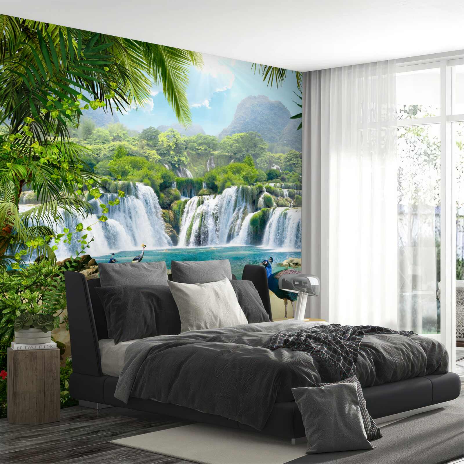 Fototapet cascadă în tropicele magice, casă a păunilor