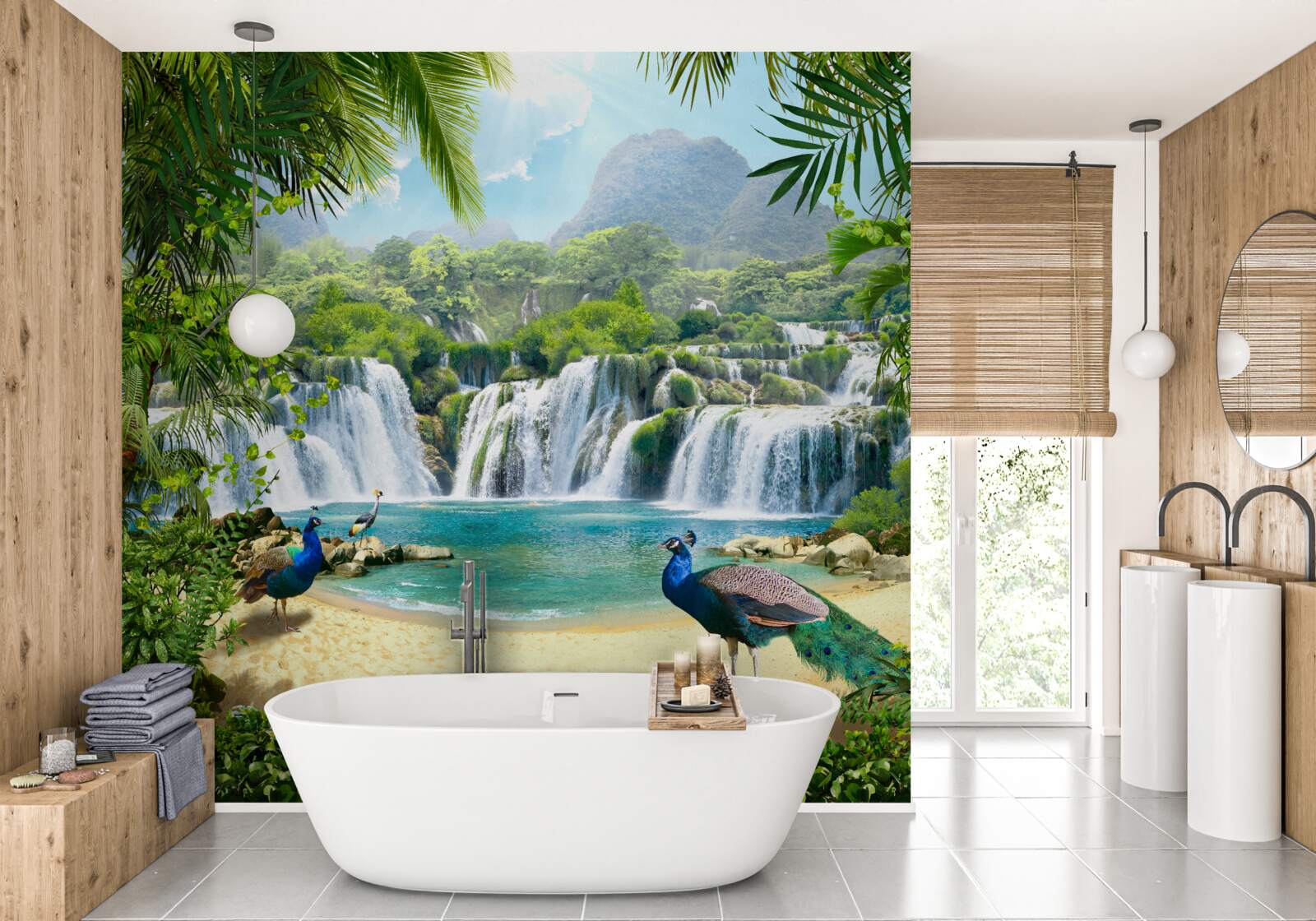 Fototapet cascadă în tropicele magice, casă a păunilor