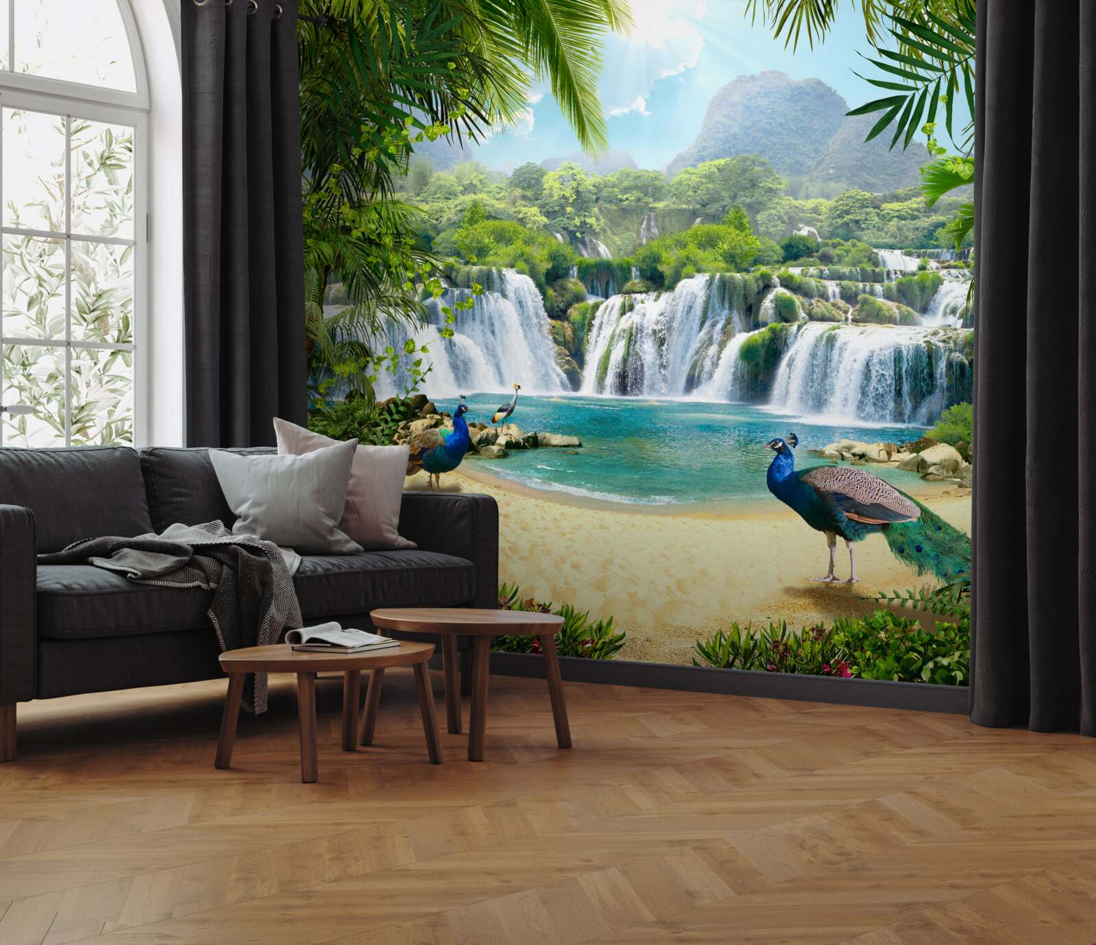 Fototapet cascadă în tropicele magice, casă a păunilor