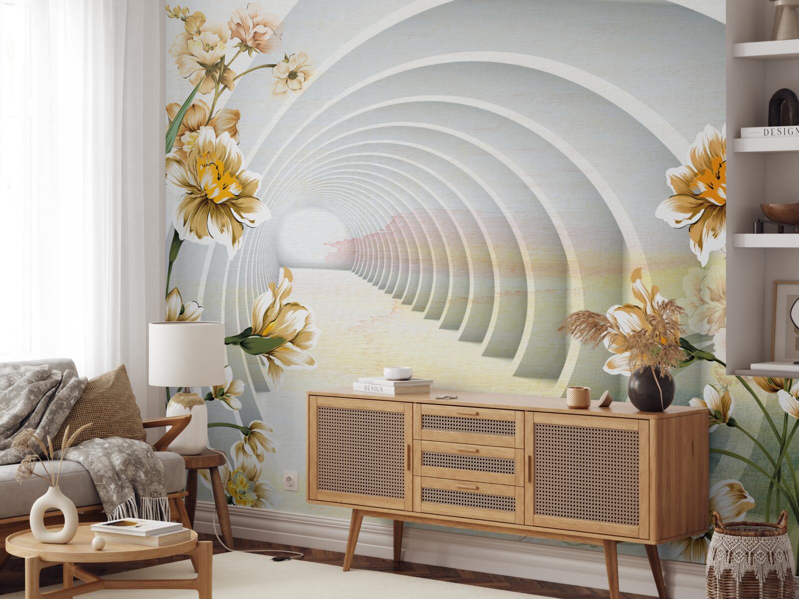 Fototapet Arce decorate cu flori albe