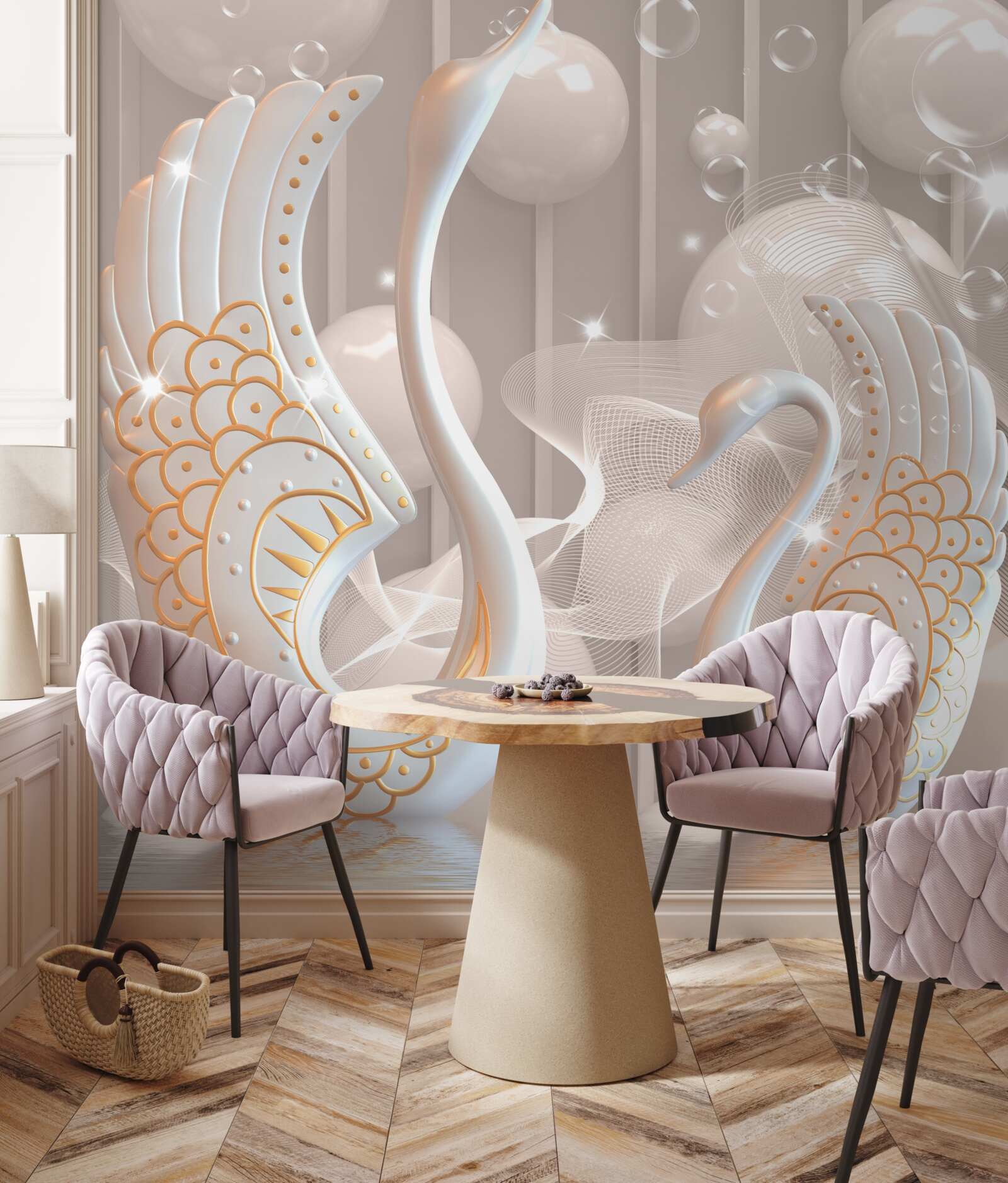 Fototapet două lebede albe ca zăpada cu o ramă aurie