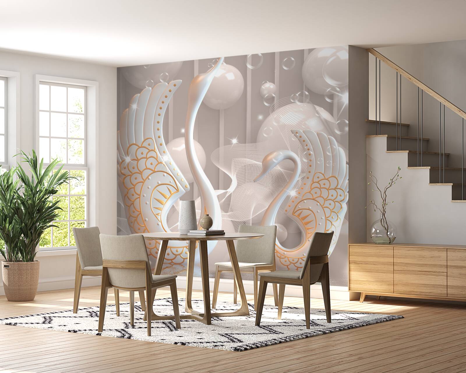 Fototapet două lebede albe ca zăpada cu o ramă aurie