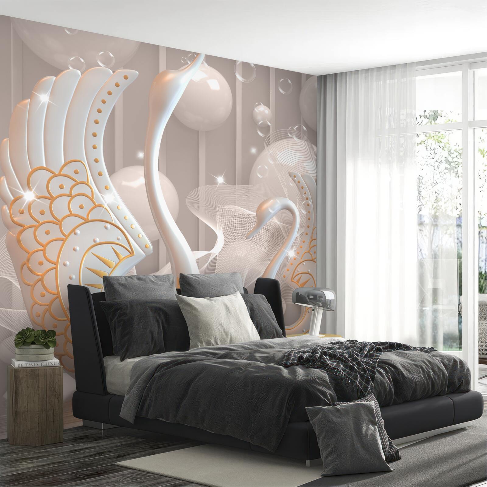 Fototapet două lebede albe ca zăpada cu o ramă aurie