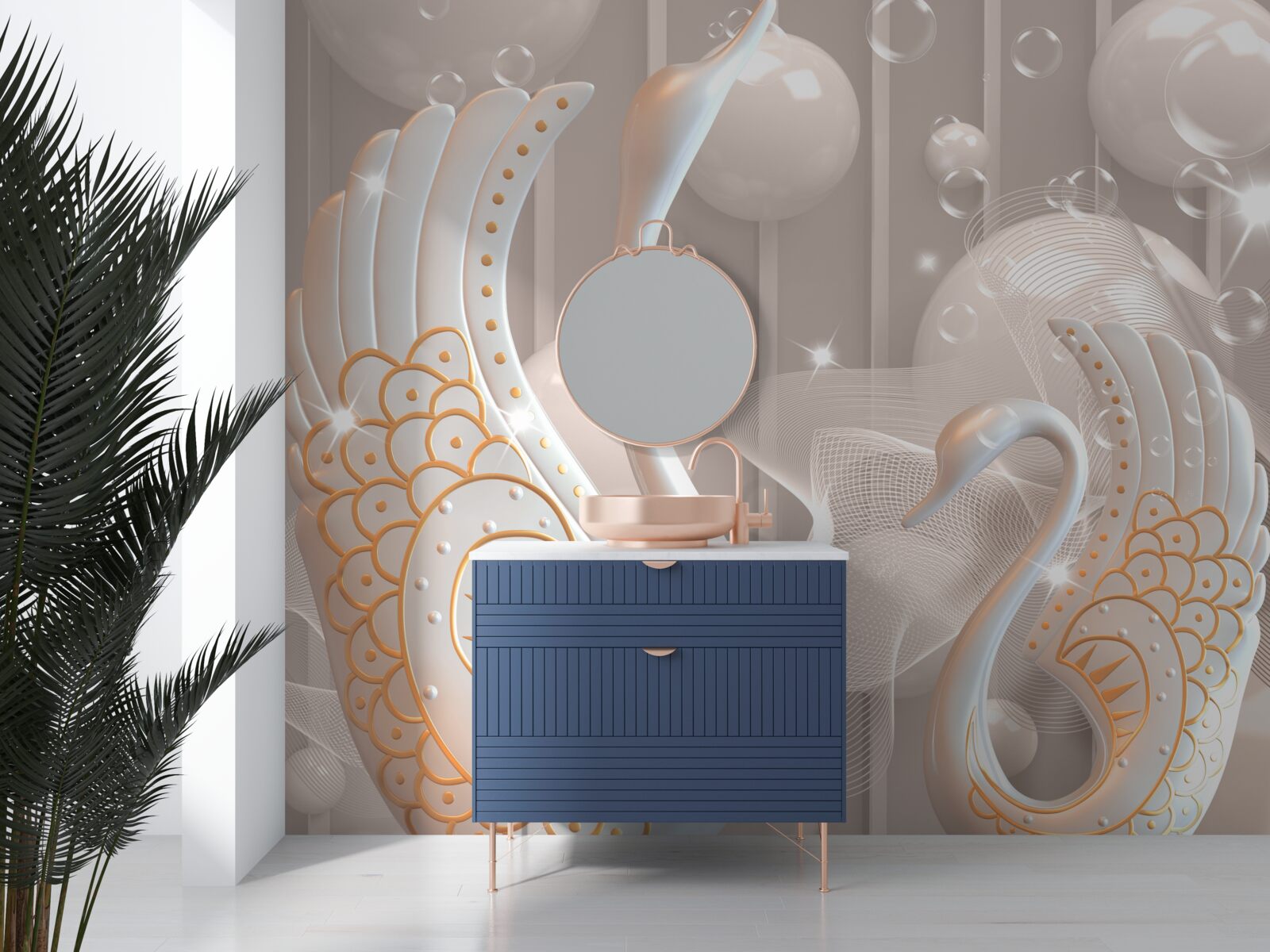 Fototapet două lebede albe ca zăpada cu o ramă aurie