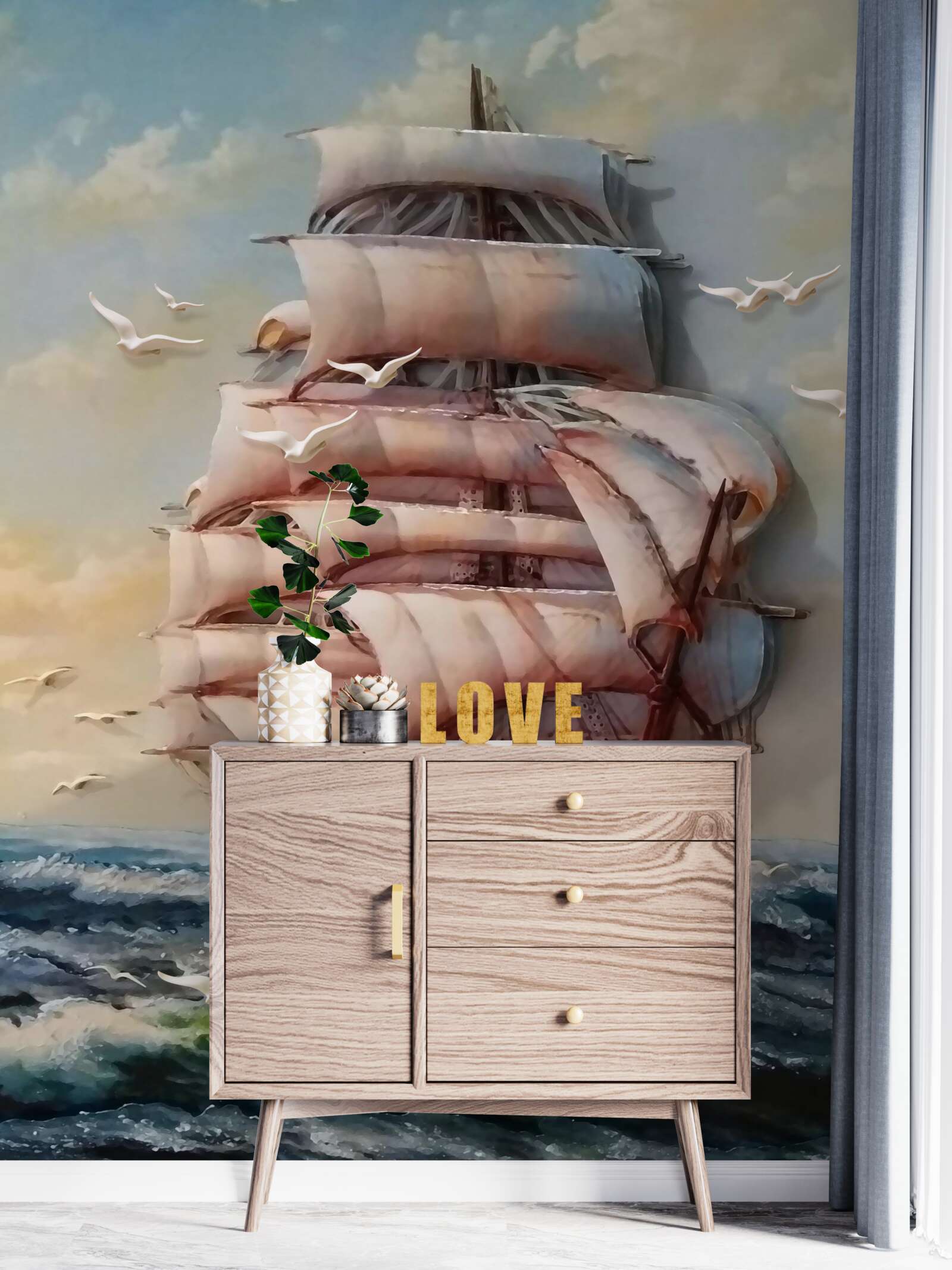 Fototapet navă elegantă cu pânze în furtună