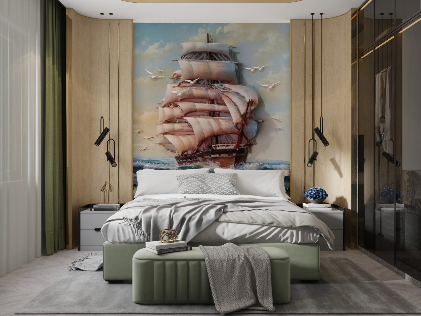 Fototapet navă elegantă cu pânze în furtună