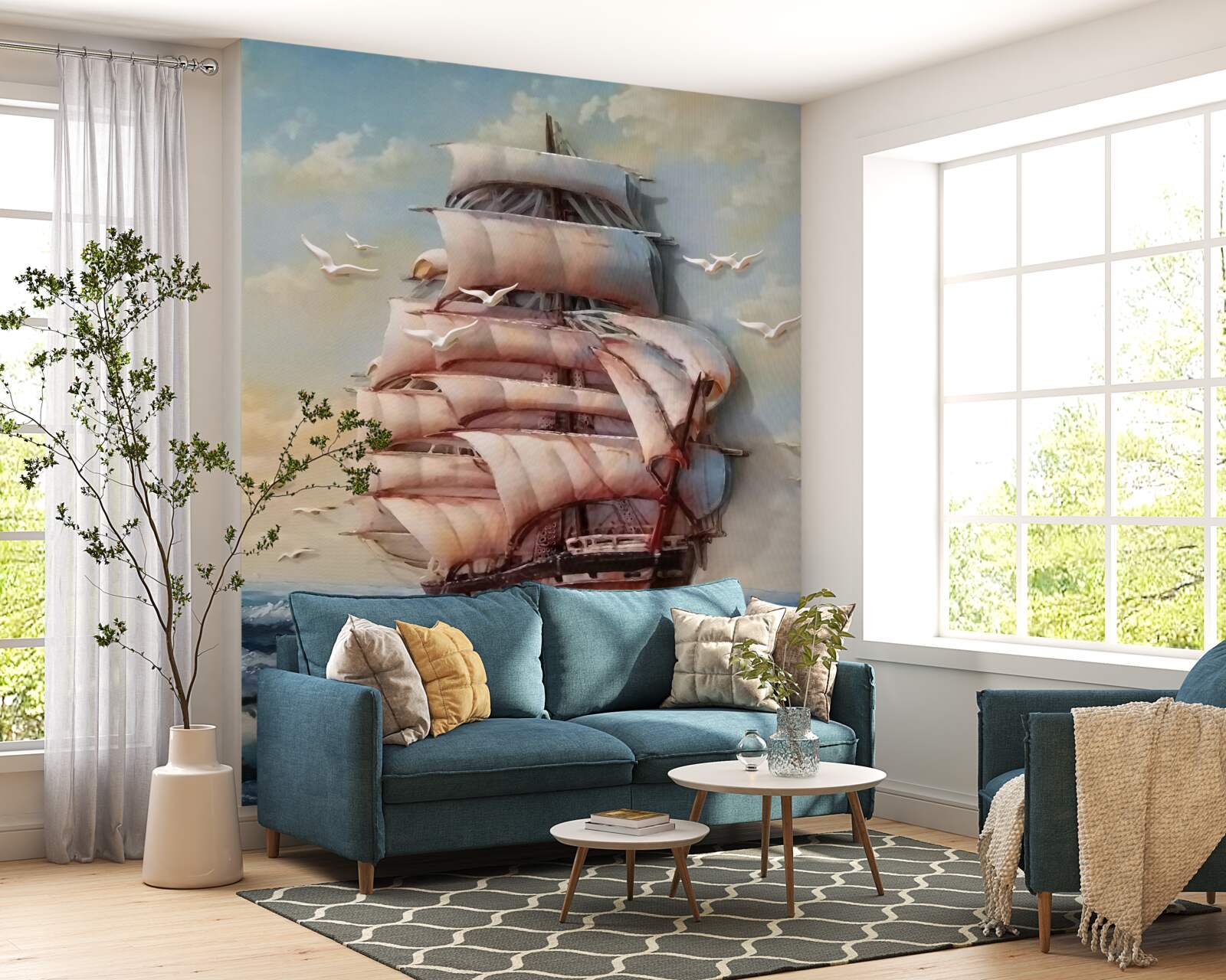 Fototapet navă elegantă cu pânze în furtună