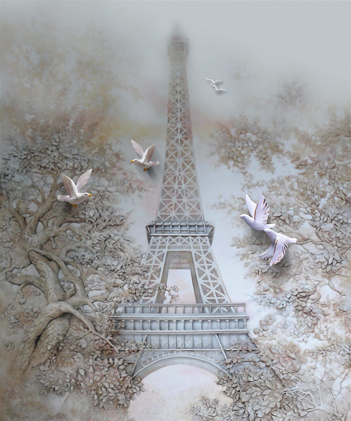 Fototapet ceața dimineții înconjoară turnul eiffel