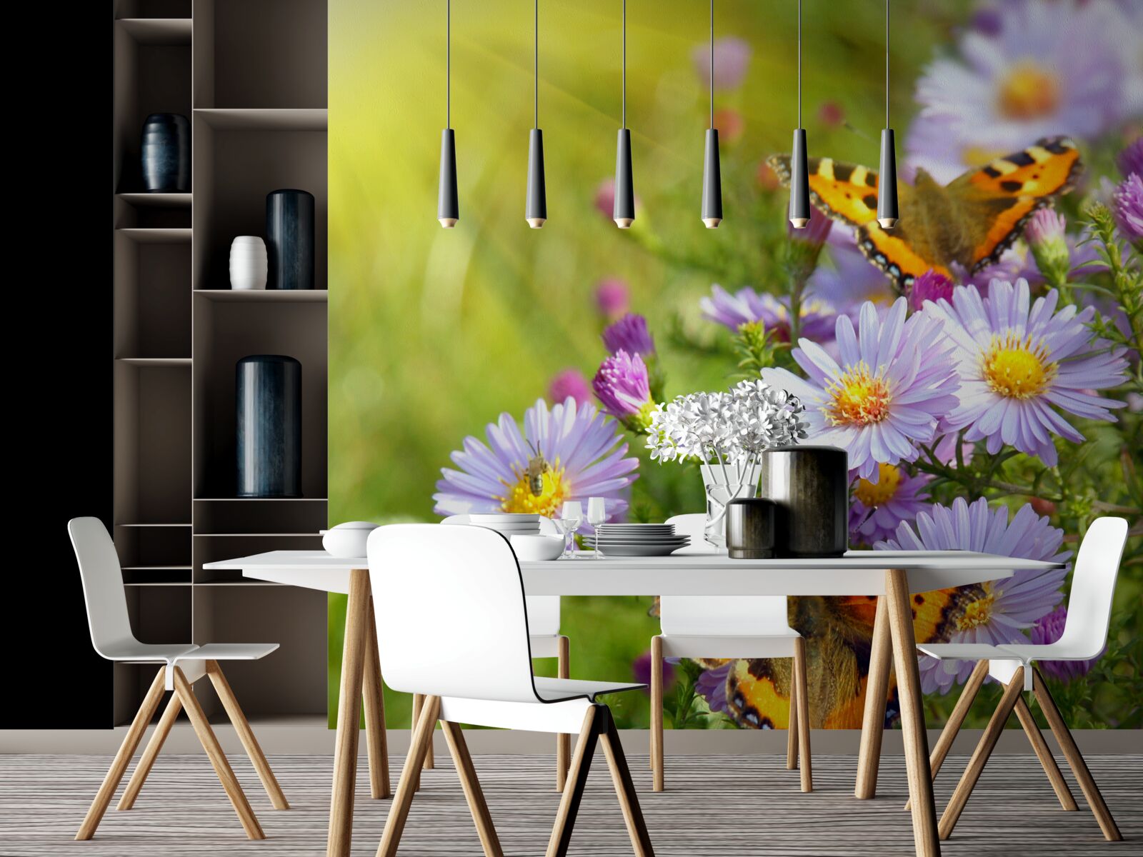 Fototapet O pajiște presărată cu margarete albastre și fluturi