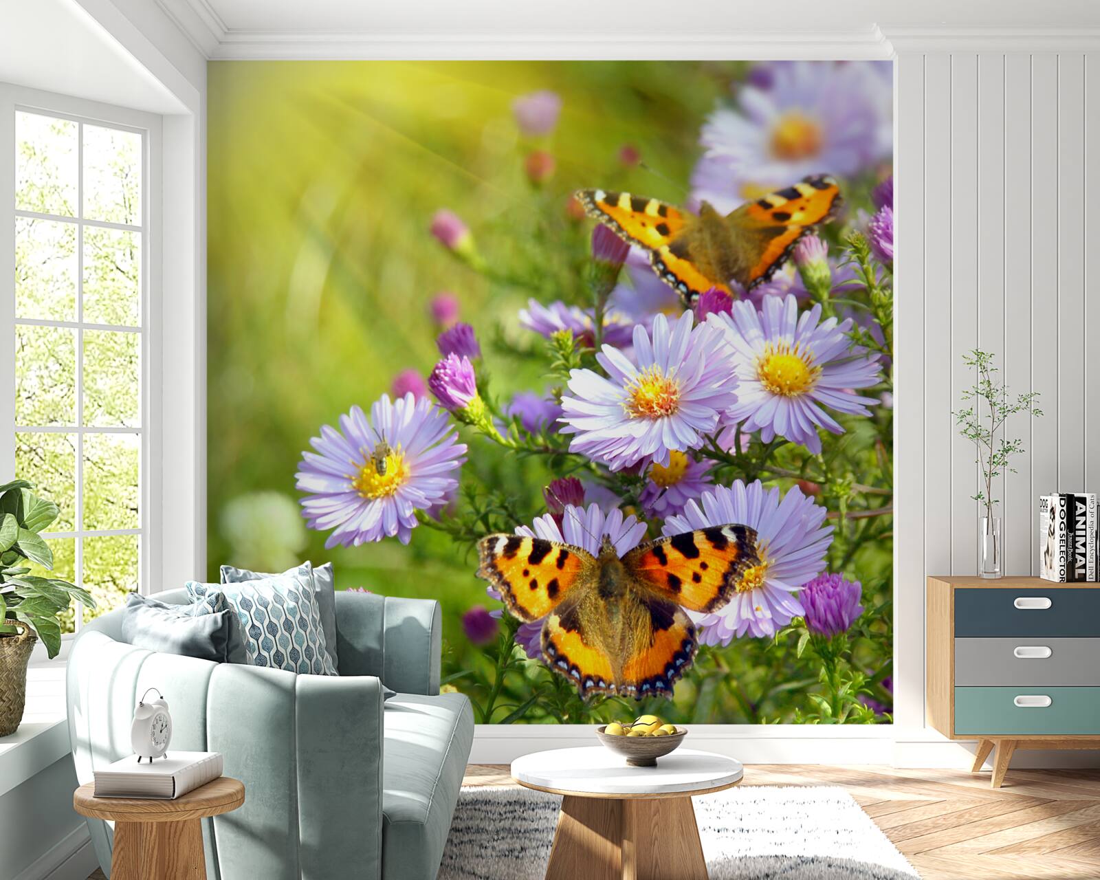 Fototapet O pajiște presărată cu margarete albastre și fluturi