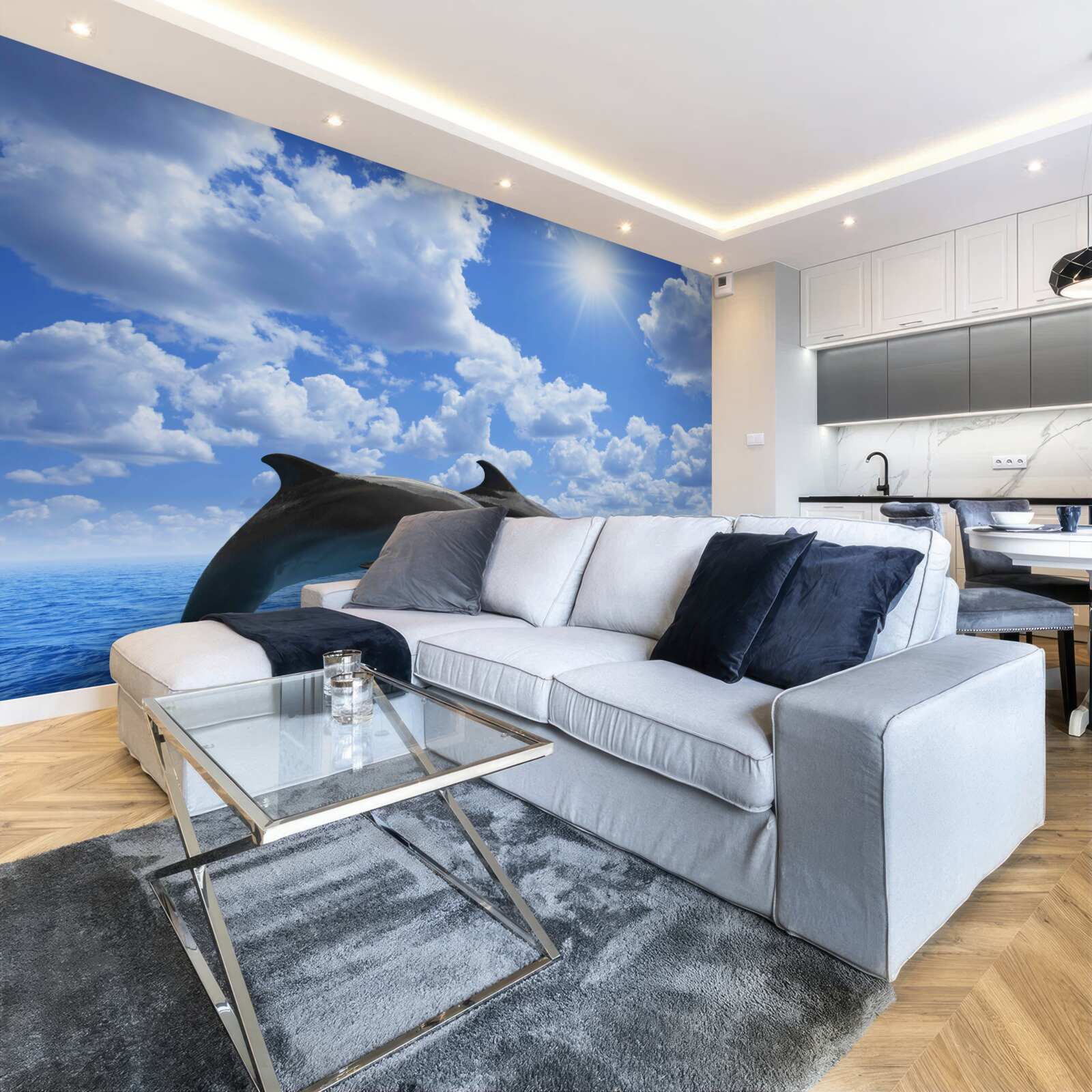 Fototapet delfini sărind peste suprafața apei