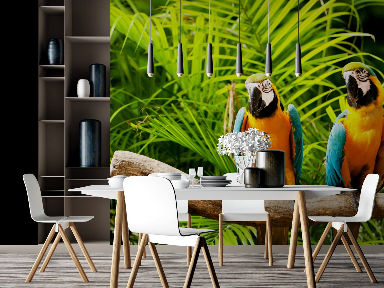 Fototapet familie de papagali ara pe o ramură înconjurată de verdeață