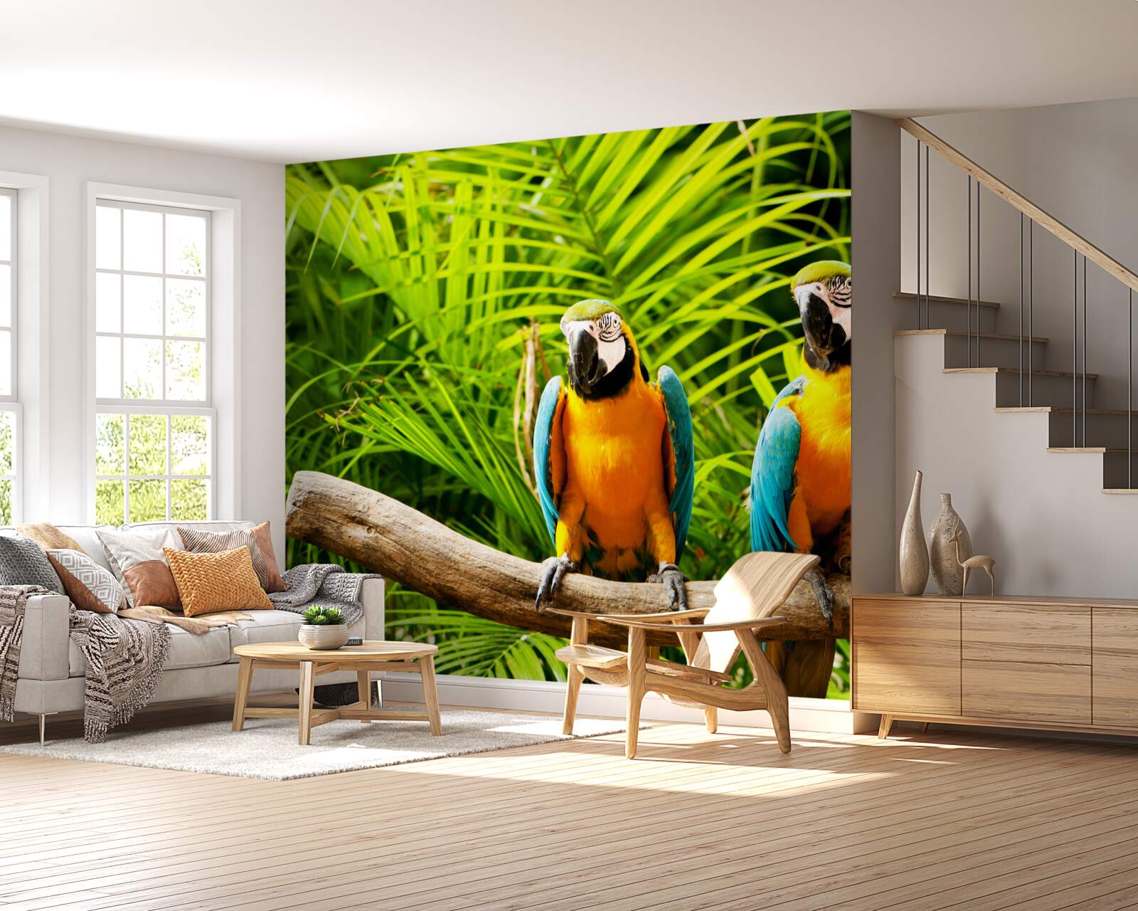 Fototapet familie de papagali ara pe o ramură înconjurată de verdeață