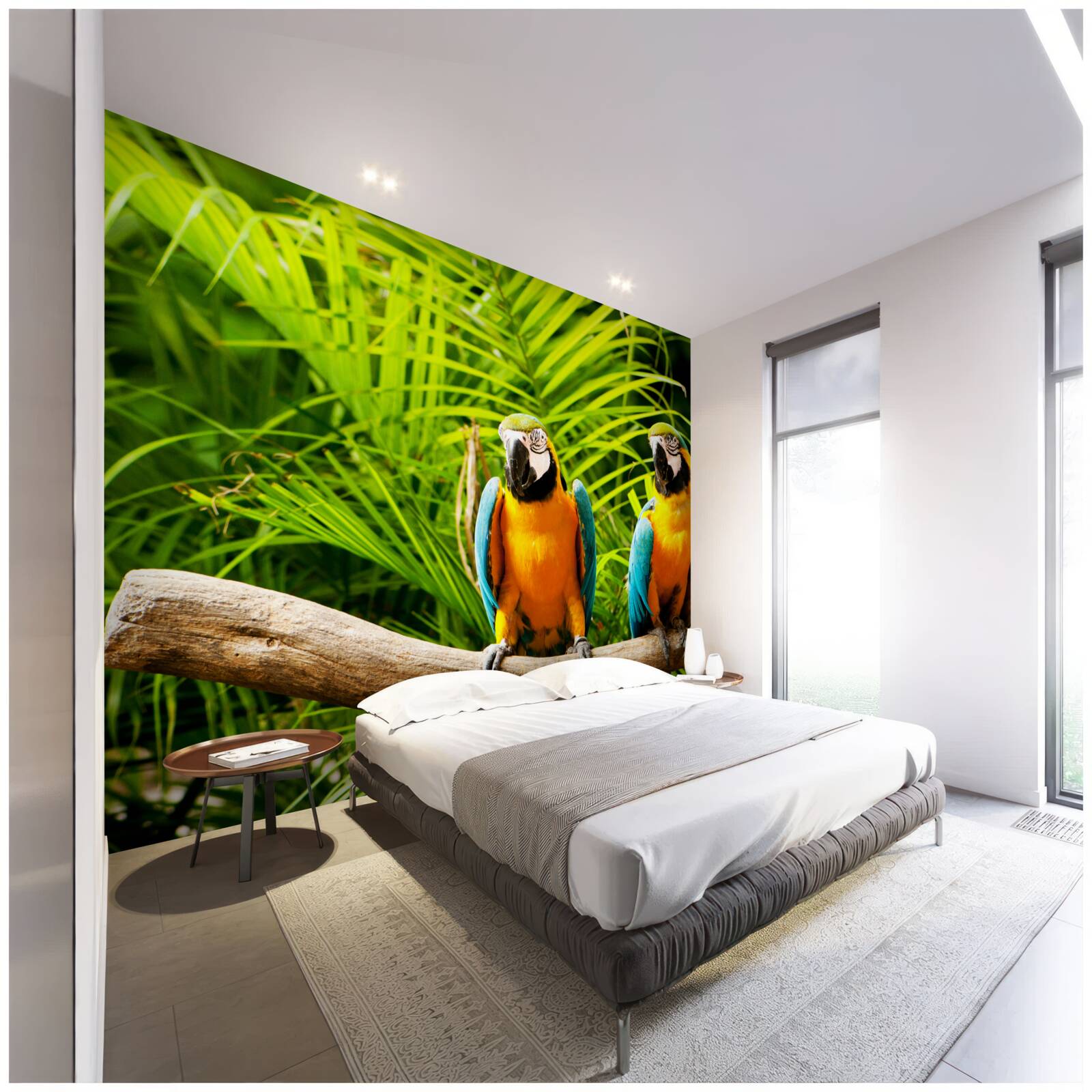 Fototapet familie de papagali ara pe o ramură înconjurată de verdeață