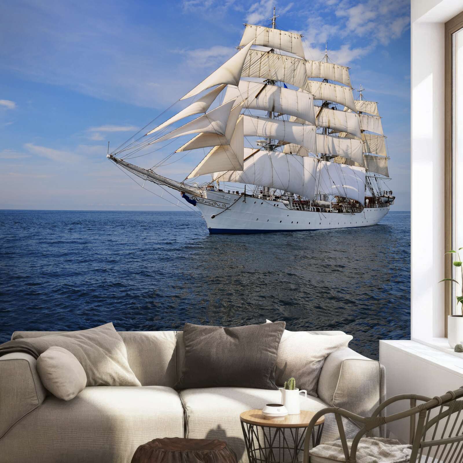 Fototapet o navă cu pânze pe o mare calmă