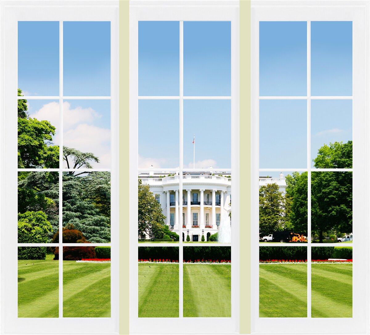 Fototapet casa este albă ca zăpada, cu vedere la pajiștile verzi din ferestre