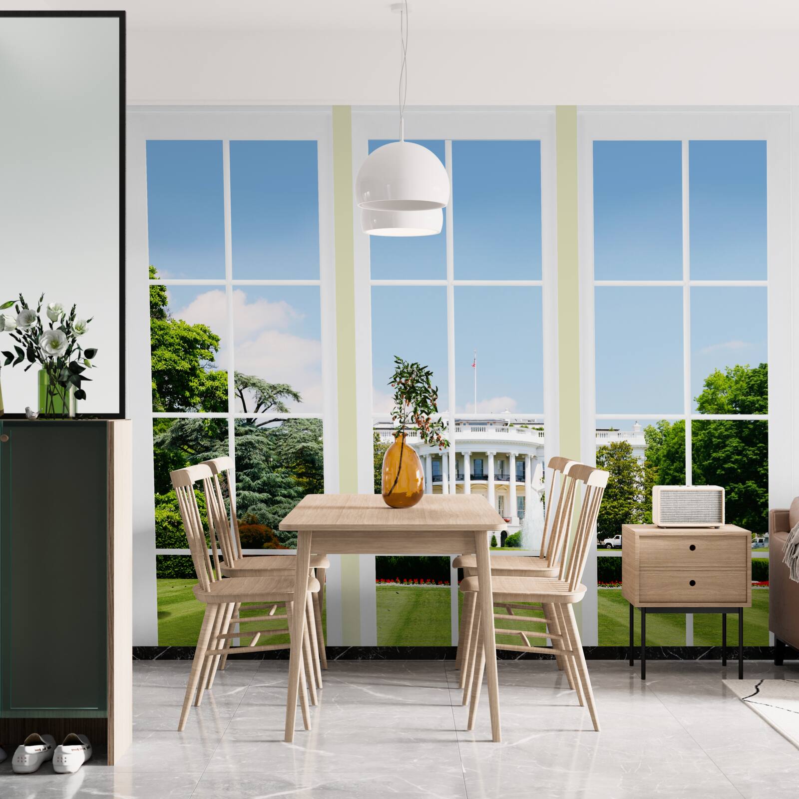 Fototapet casa este albă ca zăpada, cu vedere la pajiștile verzi din ferestre