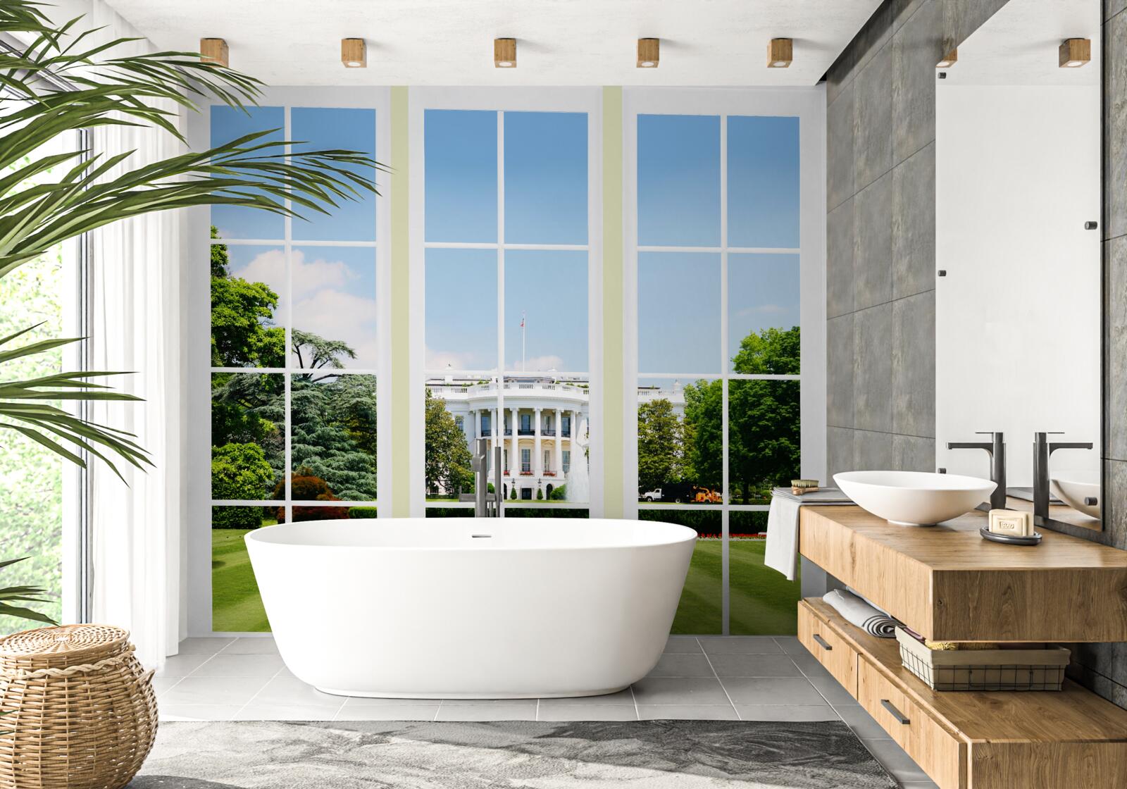 Fototapet casa este albă ca zăpada, cu vedere la pajiștile verzi din ferestre