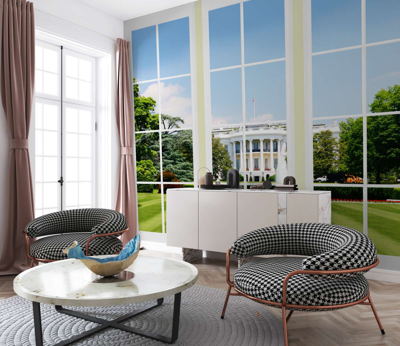 Fototapet casa este albă ca zăpada, cu vedere la pajiștile verzi din ferestre